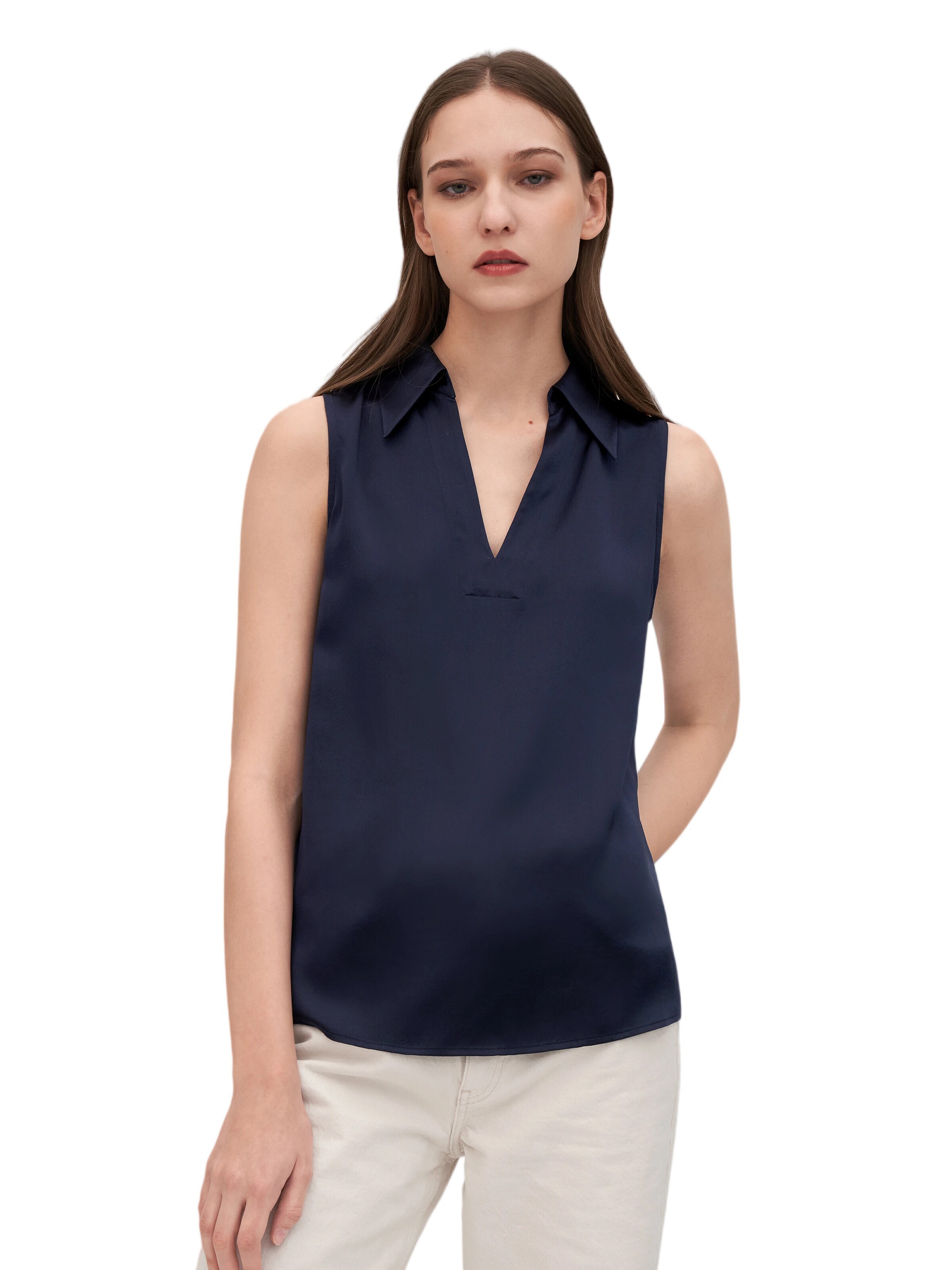Lilysilk - Blusa 'Ärmelloses Seide Hemd mit V-Ausschnitt' en azul