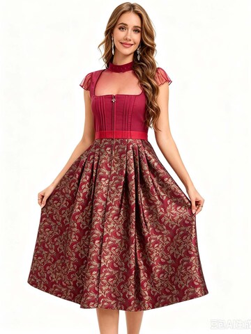 KoJooin Dirndl 'Damen Trachten-Set Baumwoll Dirndlkleid mit Jacquard,Satin-Schürze und Spitzenshirt mit Pünktchen' w kolorze czerwony