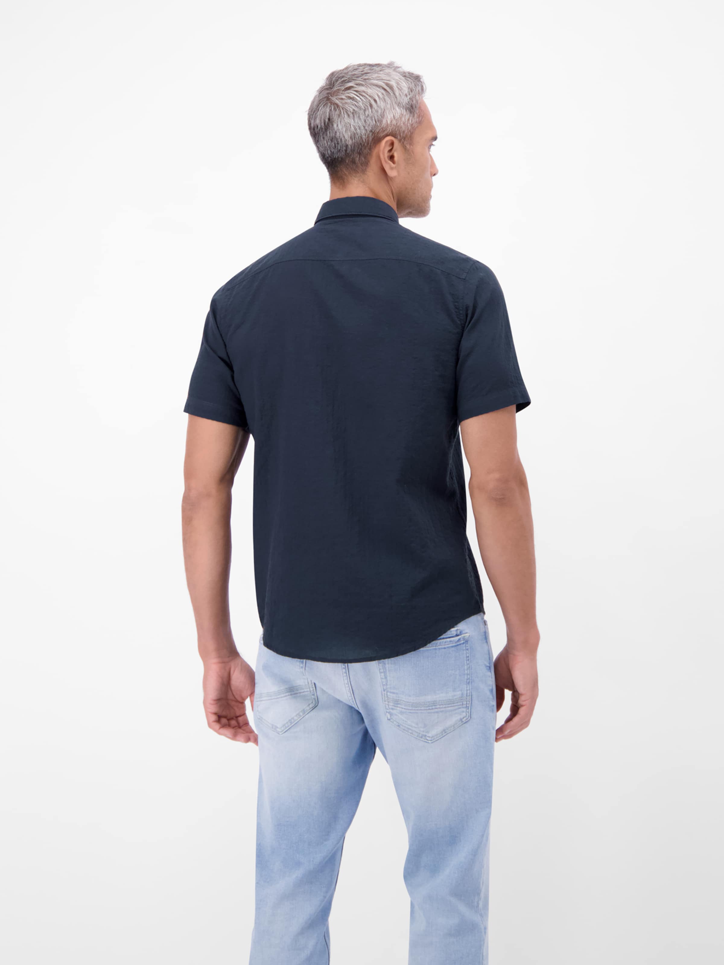 LERROS Regular Fit Kurzarmhemd im Knitterlook in Blau