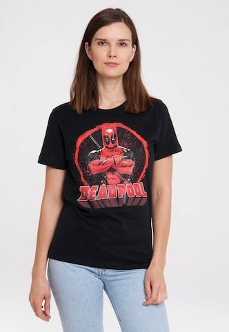 LOGOSHIRT Shirt 'Deadpool - Circle' in Zwart: voorkant