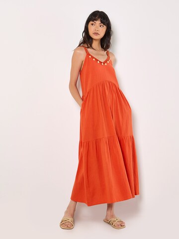 Apricot Bead Embellished Cotton Midaxi Dress ' ' in Orange