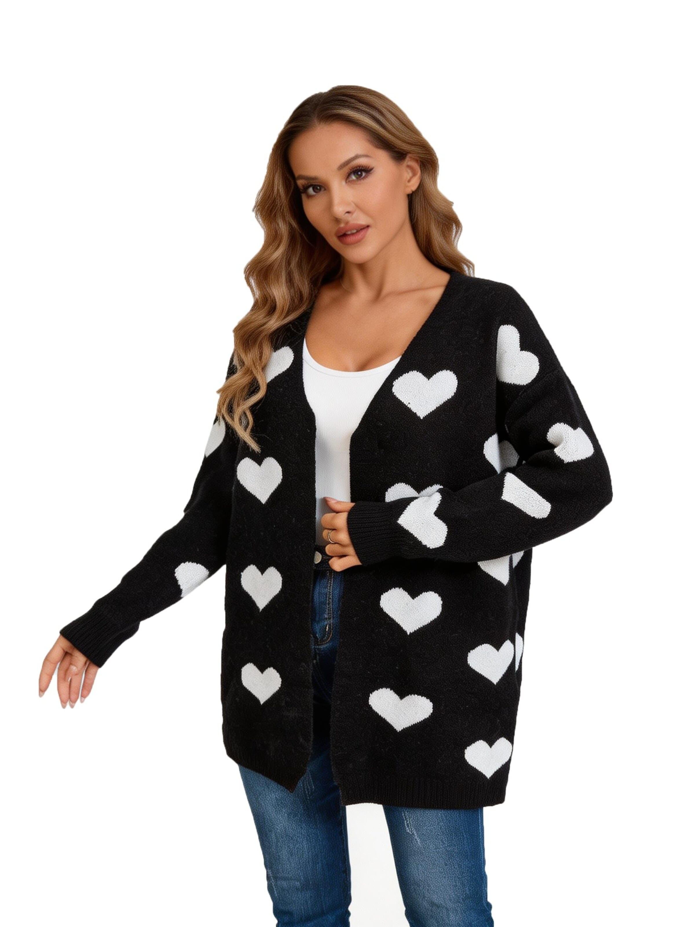 KoJooin Knit Cardigan 'Damen Strickjacke Cardigan Herz-Muster Knopfleiste Offene Jacke Langarm Winter' in Black: front
