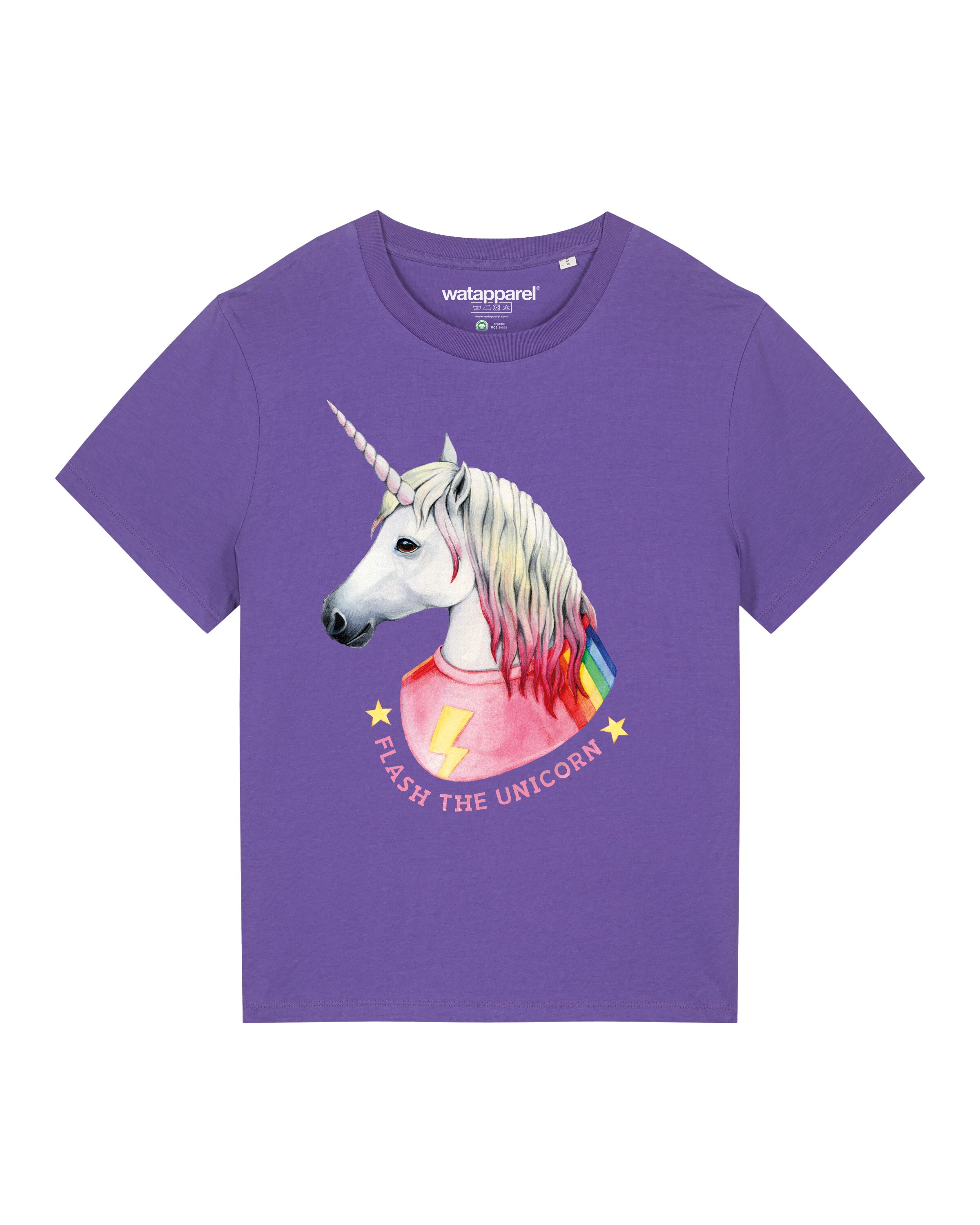 Watapparel T-Shirt ' Flash, the unicorn ' in Lila: Vorderseite