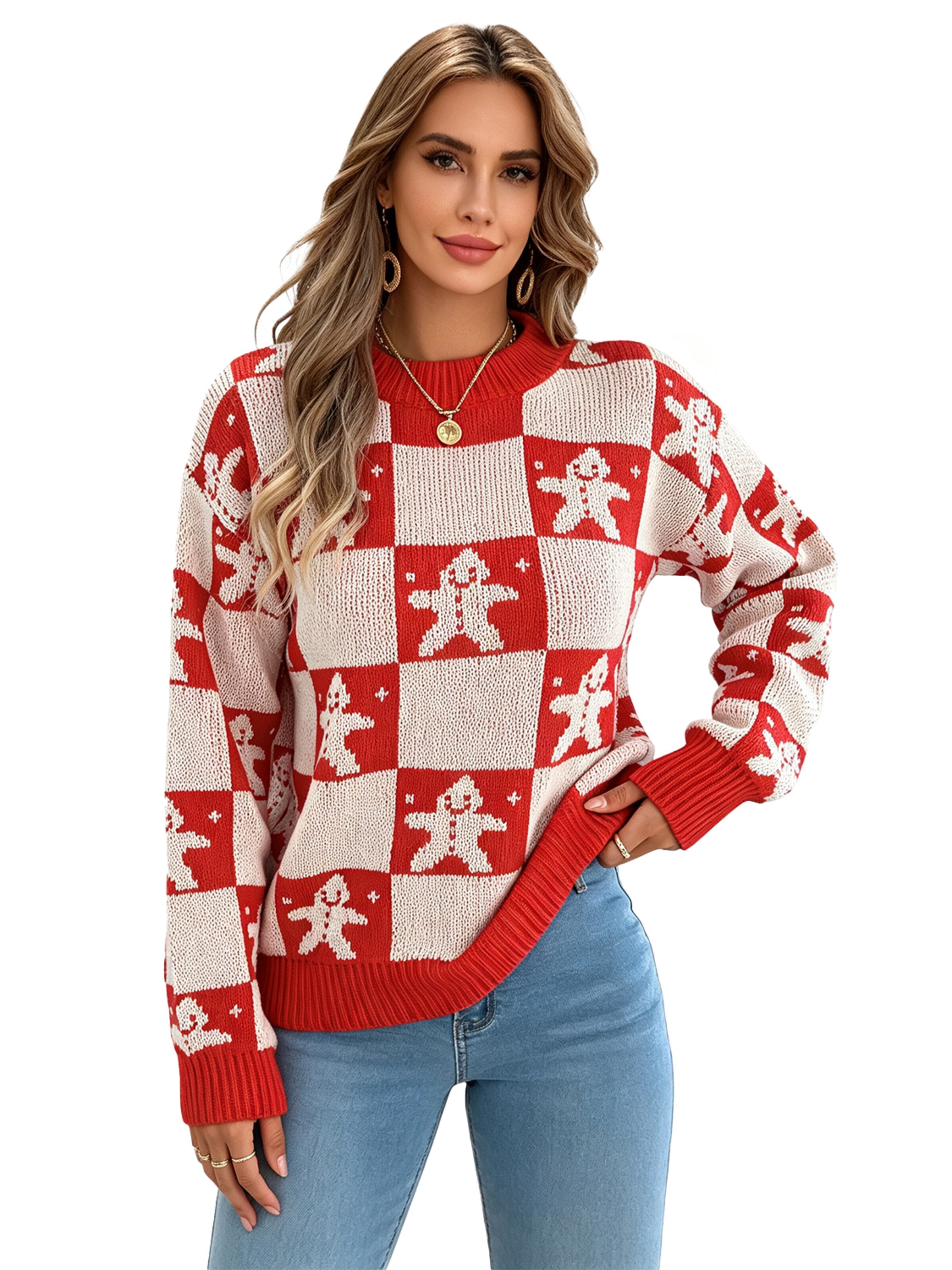 KoJooin Sweater 'Damen Weihnachtspullover mit Rentier- und Karomuster – Gemütlicher Langarm-Pullover mit Puffärmeln' in Red: front