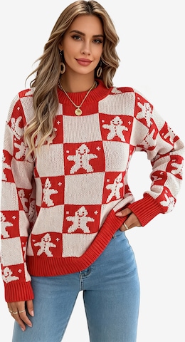 KoJooin Sweater 'Damen Weihnachtspullover mit Rentier- und Karomuster – Gemütlicher Langarm-Pullover mit Puffärmeln' in Red: front