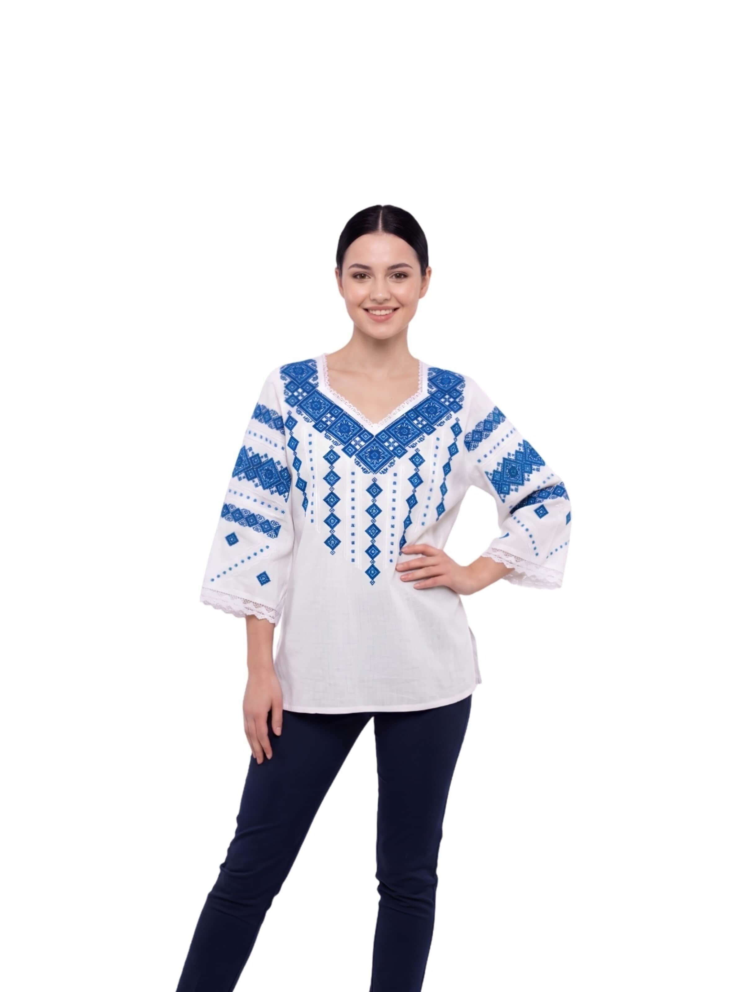 Blouse folklorique 'Damenbluse IL26 weiß/blau , marimea XL' Rody’s forever en blanc : devant