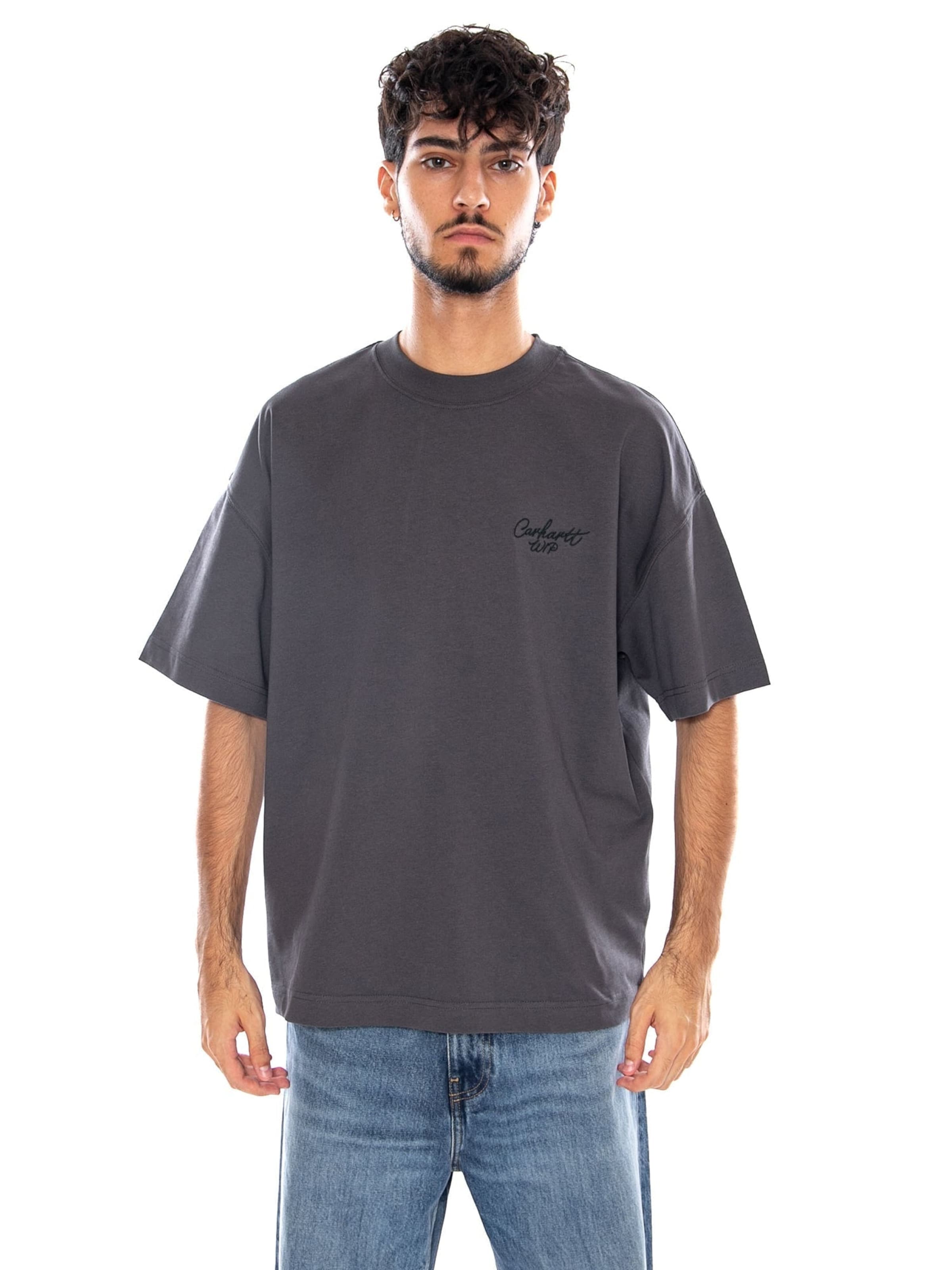 Carhartt WIP Shirt 'S/S SIGNATURE SCRIPT T-SHIRT GRAPHITE / DARK SCARAB' in Grijs