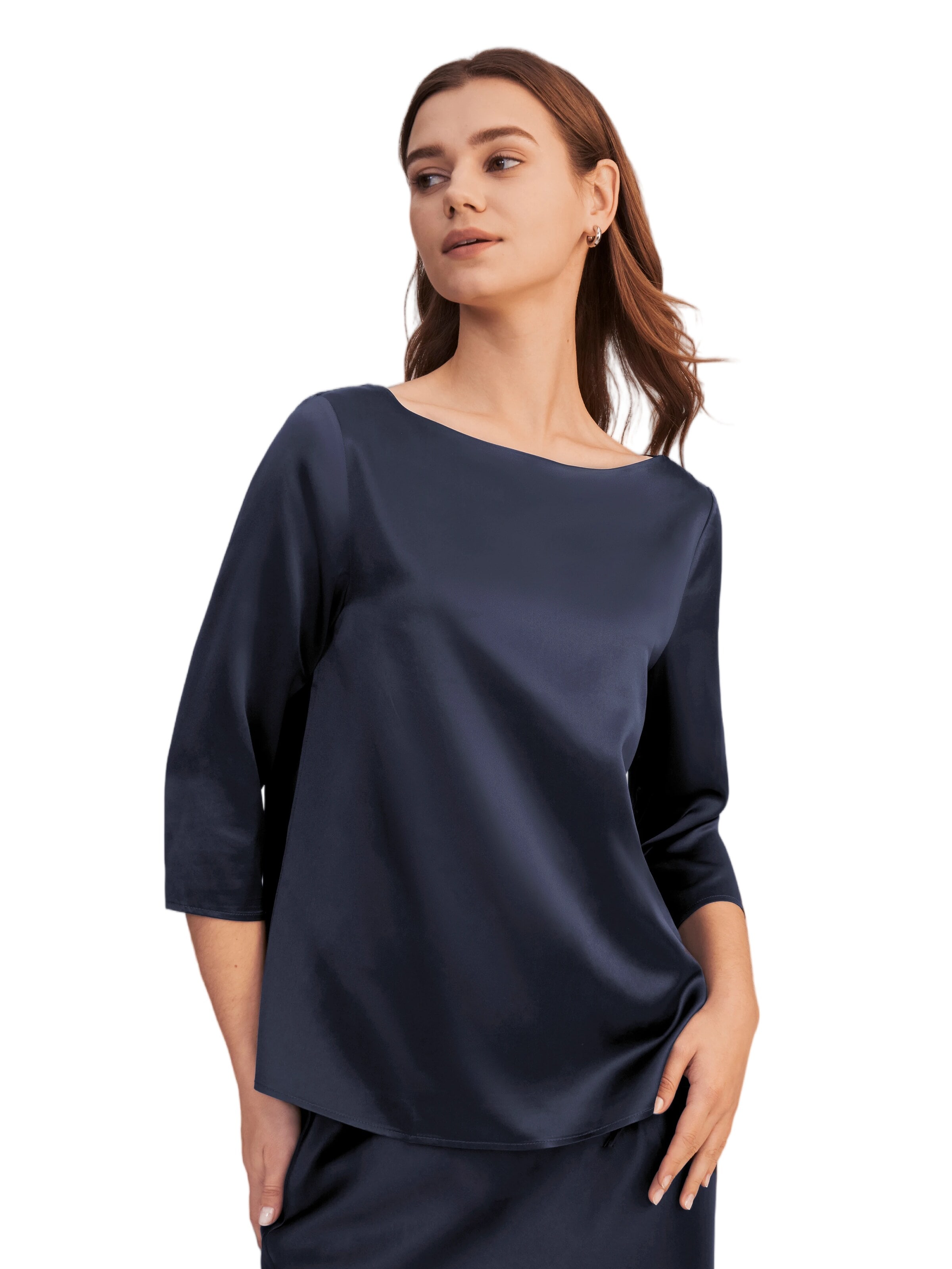 Lilysilk Blouse '3/4 Ärmel Seidenbluse mit Boot-Hals' in Blauw