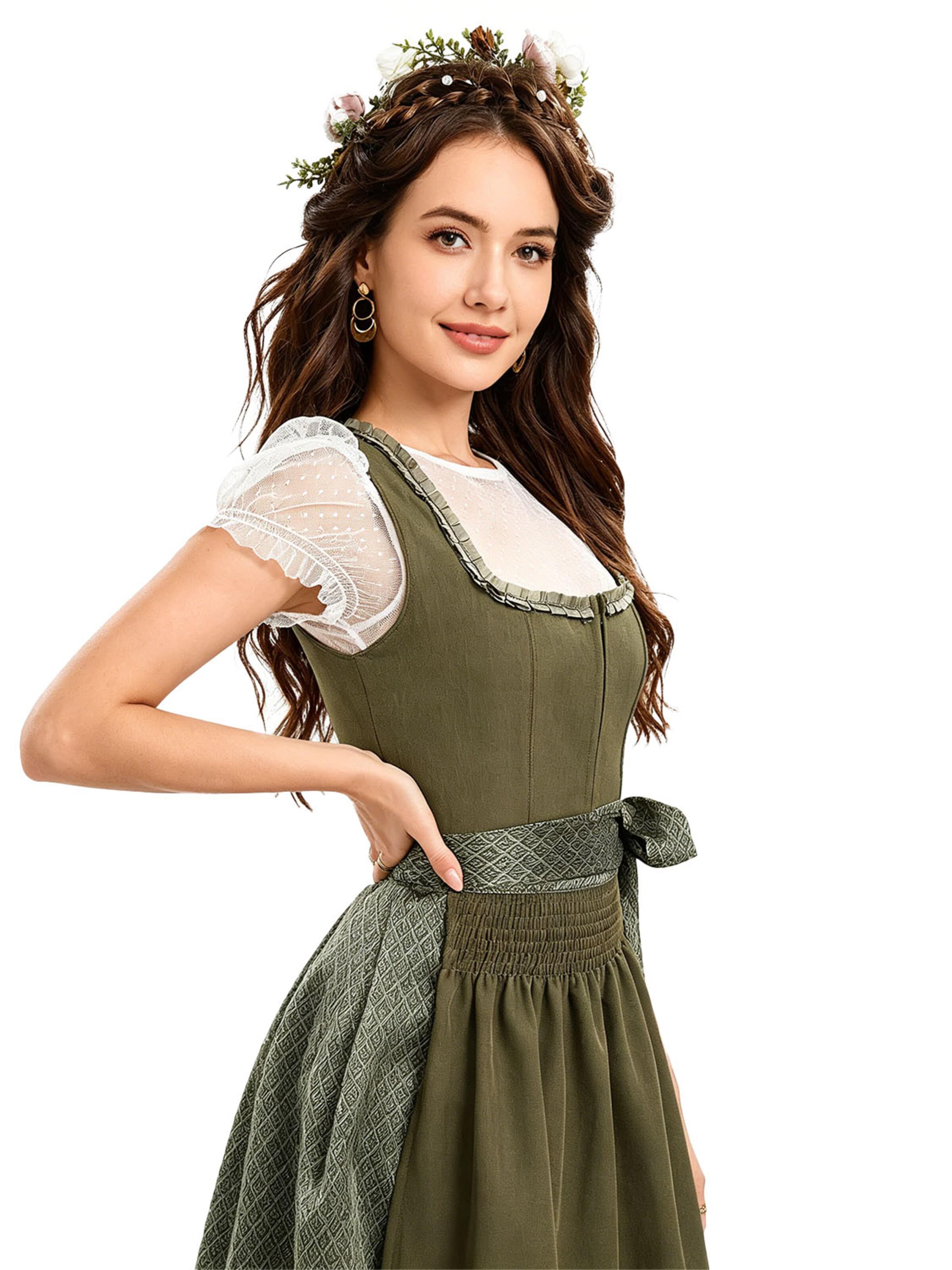 KoJooin Dirndl 'Damen Polka‑Dot Bluse, quadratischer Ausschnitt – 3‑teiliges Dirndl‑Set für Oktoberfest' in Green
