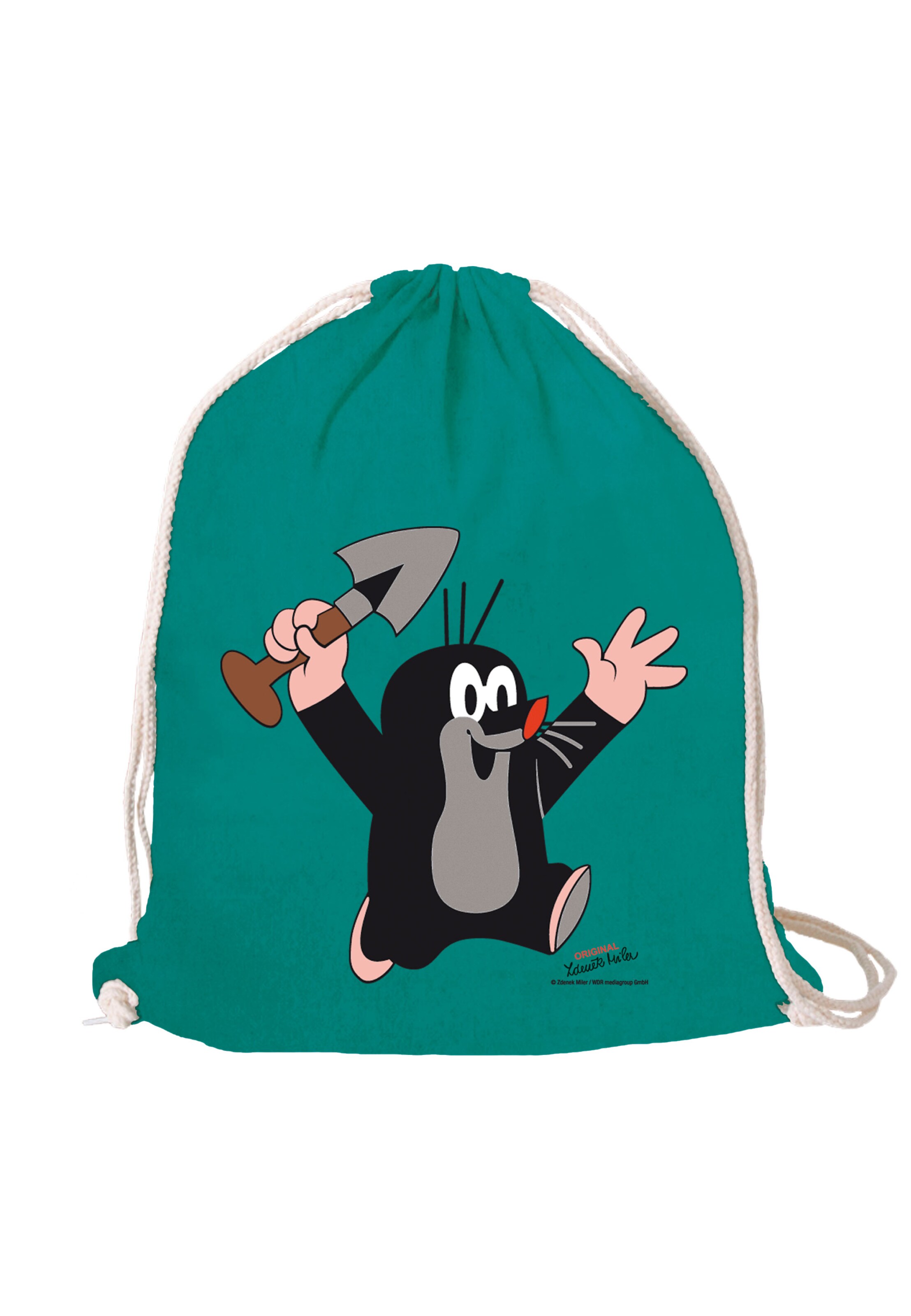 LOGOSHIRT Turnbeutel 'Der kleine Maulwurf - Juhu' in Grün: Vorderseite