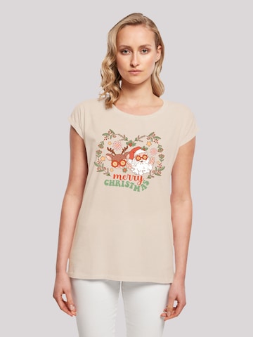 F4NT4STIC Shirt 'Christmas Hippie Santa And Reindeer' in Beige: voorkant