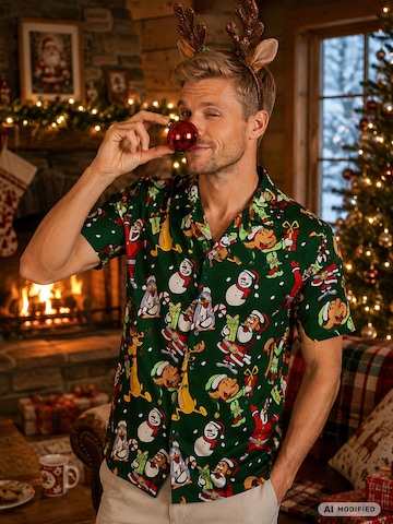 Regular fit Camicia 'Christmas Written Santa' di King Kameha in verde