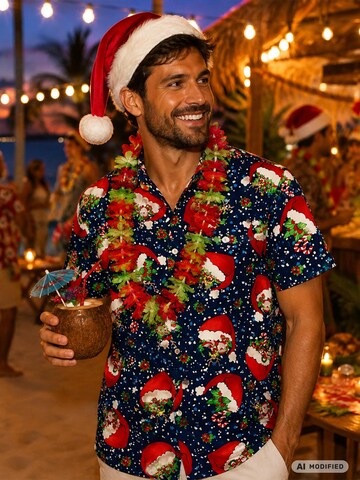 King Kameha - Ajuste regular Camisa 'Christmas Flying Hats' en azul