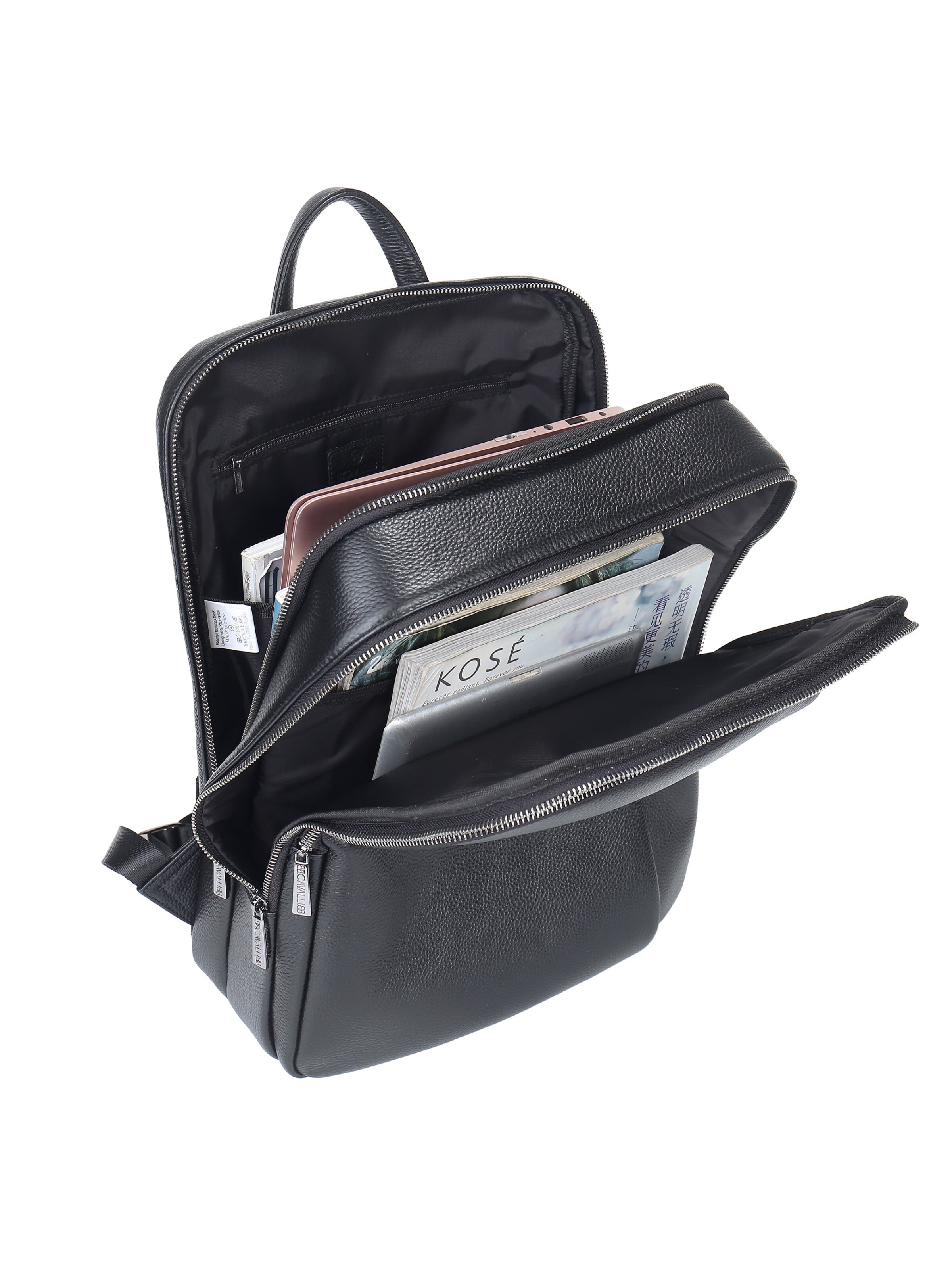 Zaino 'Zaino Unisex Vera Pelle - Chiusura Zip, Tasche Multiple, Manico Pelle' di B. Cavalli in nero
