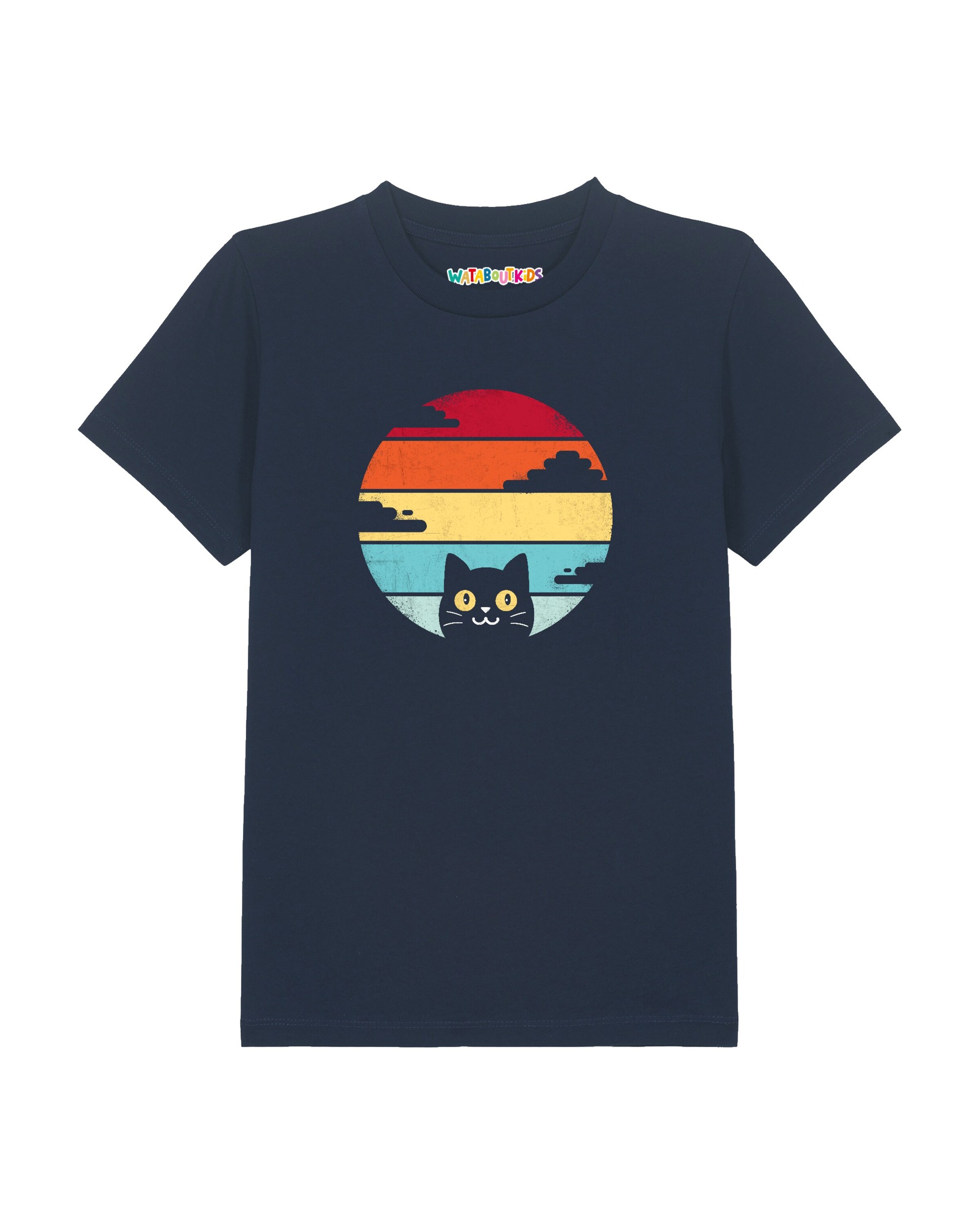 watabout.kids Shirt 'Retro Sunset Cat' in 104 in de kleur Navy / Aqua / Geel / Rood, Productweergave