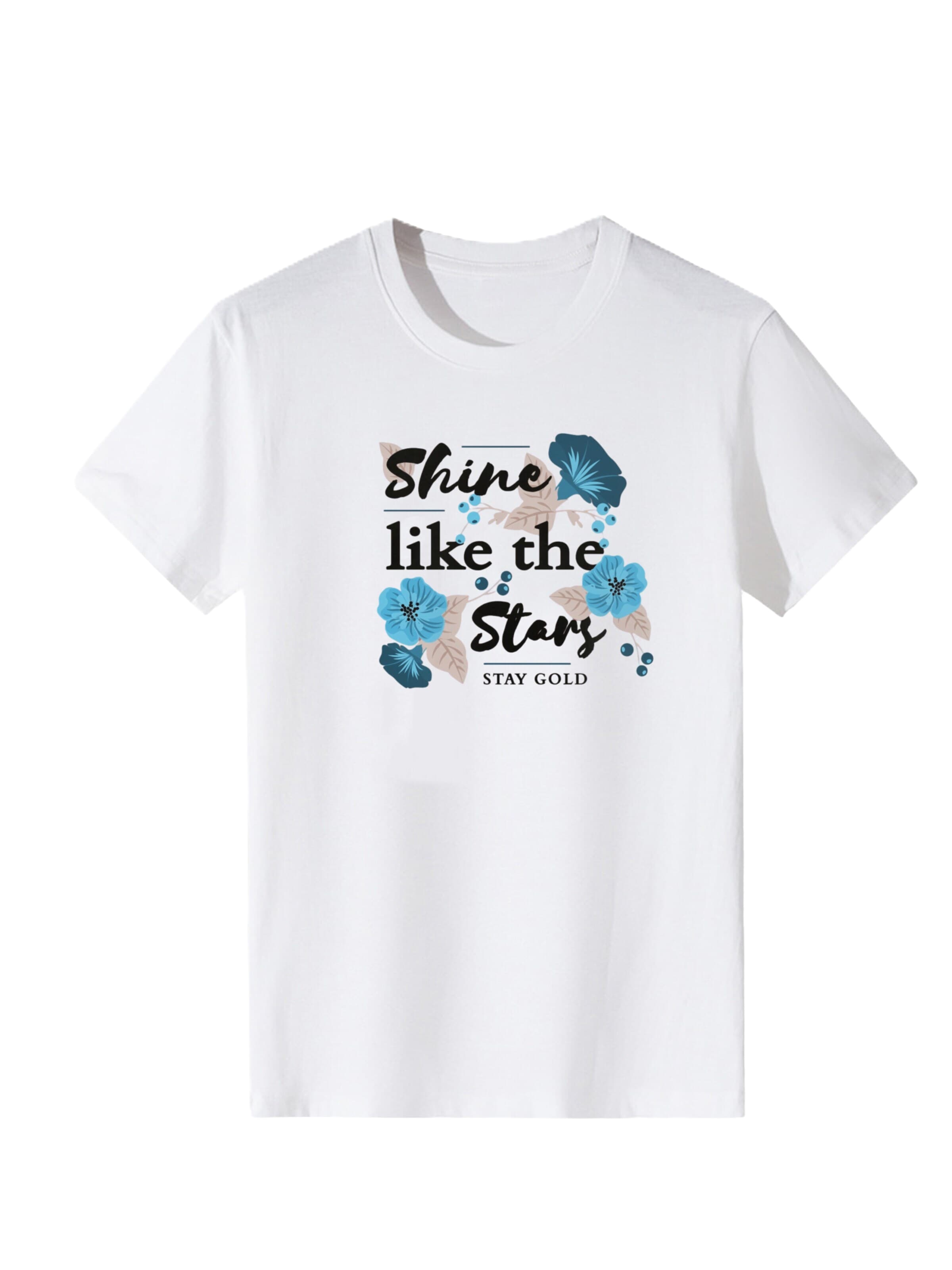 T-shirt 'Women Vintage Blue Flower Shine like the Stars Literary Print T-Shirt' LapaPlus en blanc : devant