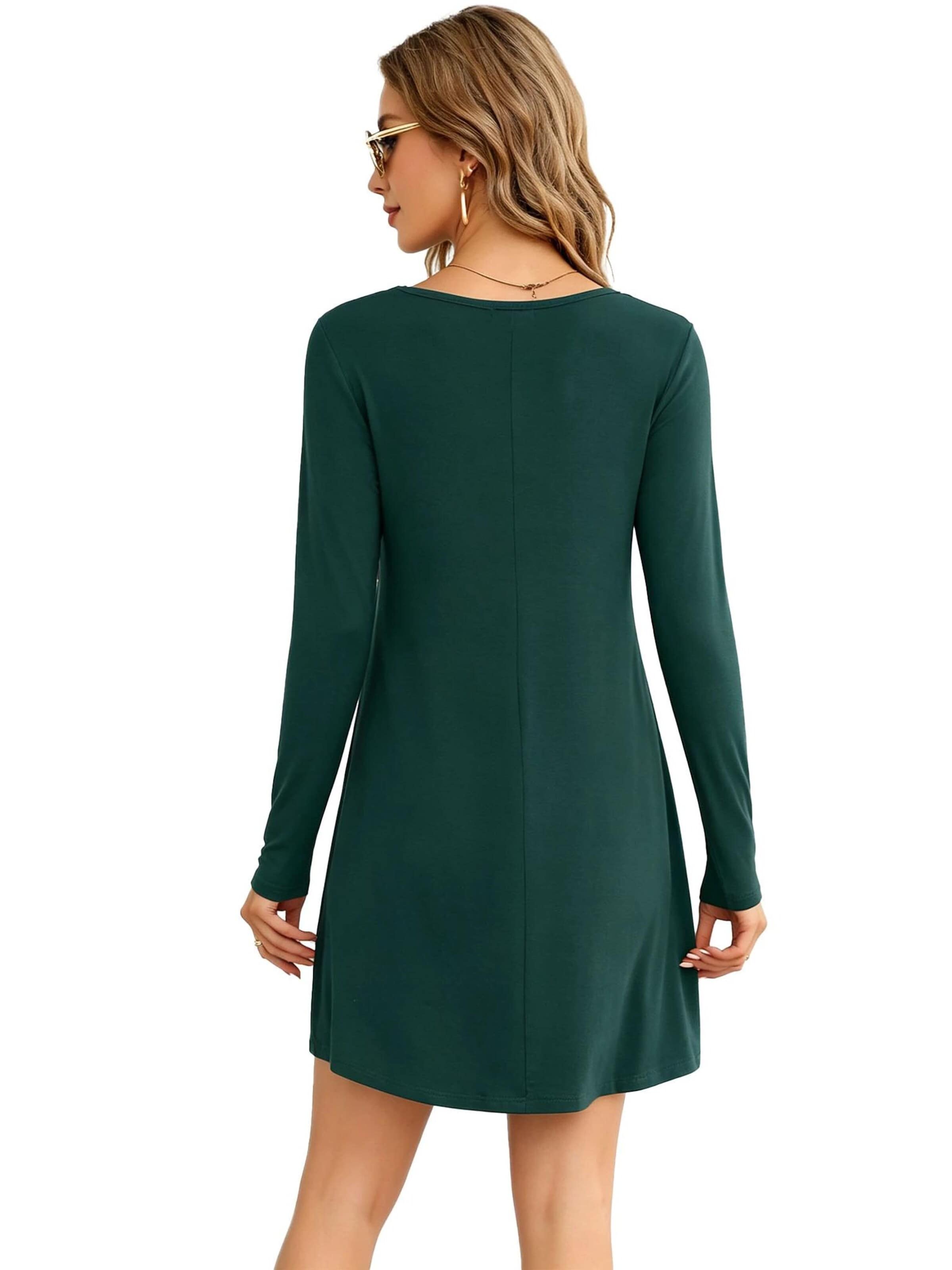 KoJooin Sukienka 'Damen A-Linien Kleid Langarm Rundhals Lässiges T-Shirt-Kleid für Freizeit und legere Bürotage' w kolorze zielony
