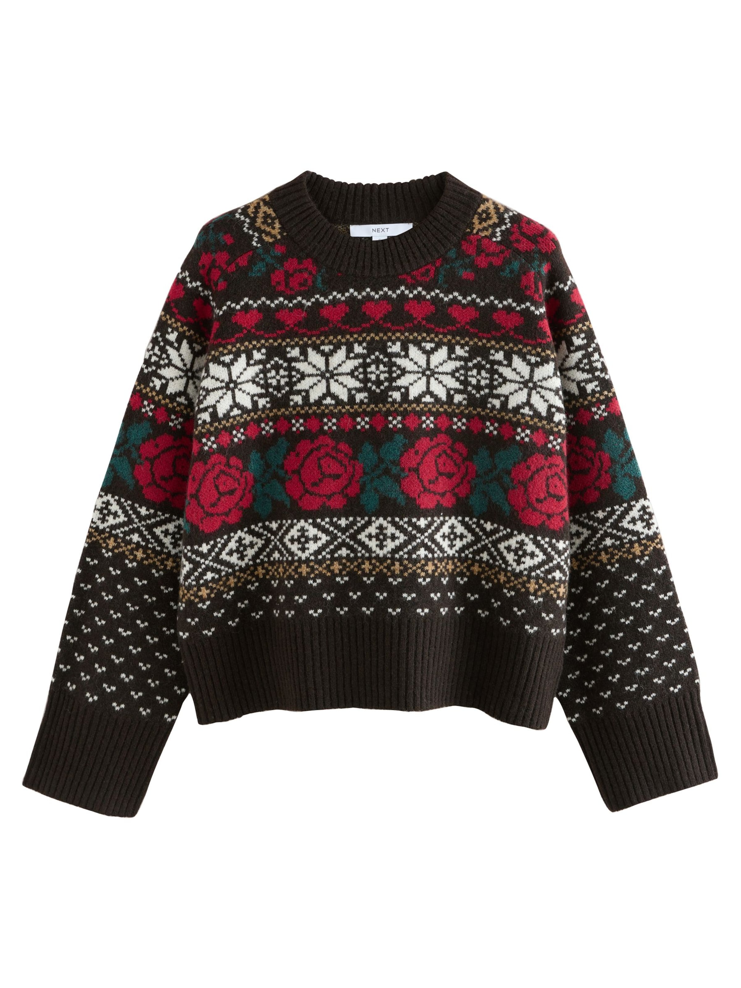 Next Пуловер в шоколад / тъмнозелено / червено / бяло, Преглед на продукта