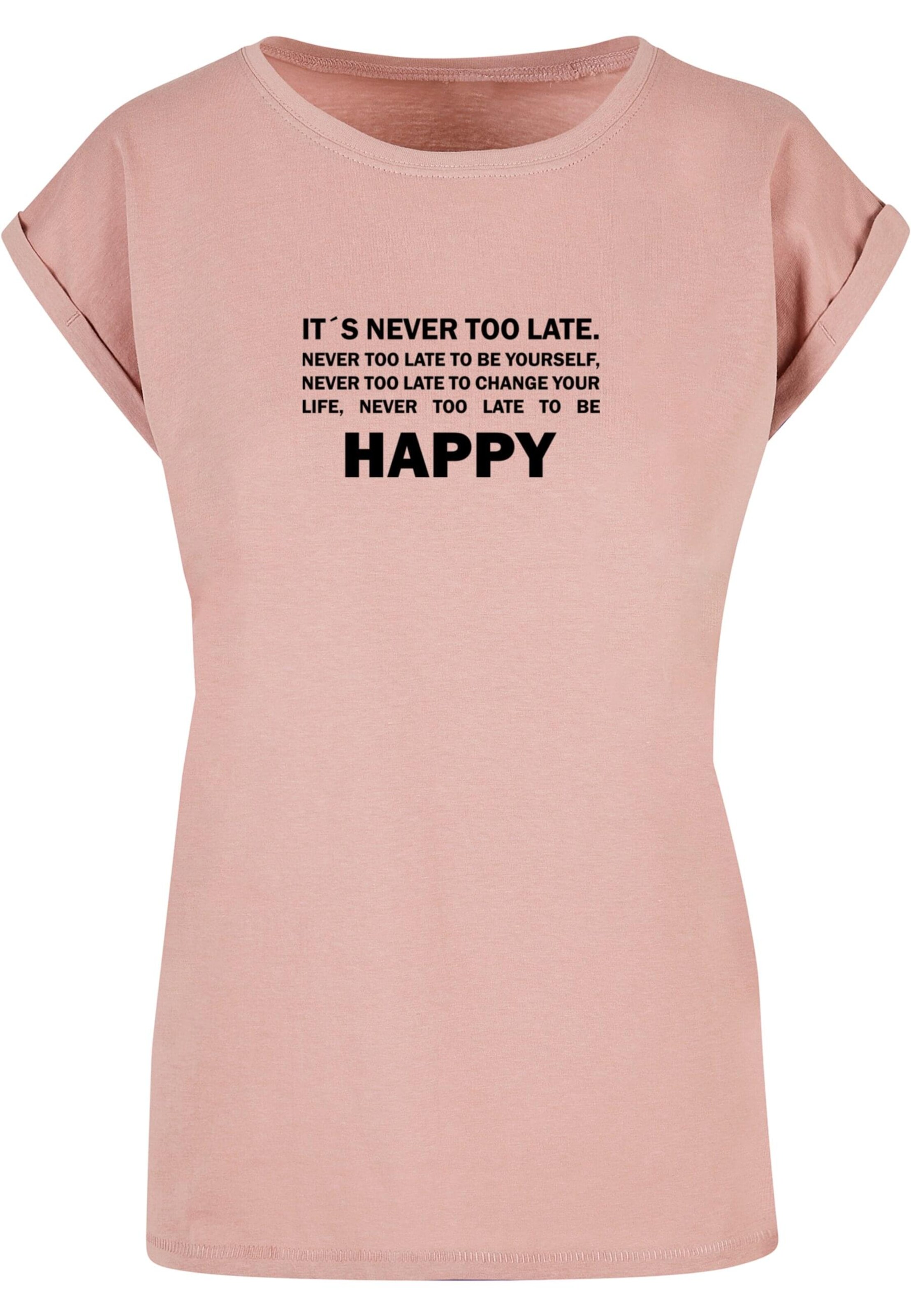 Merchcode T-Shirt 'Never Too Late' in Pink: Vorderseite