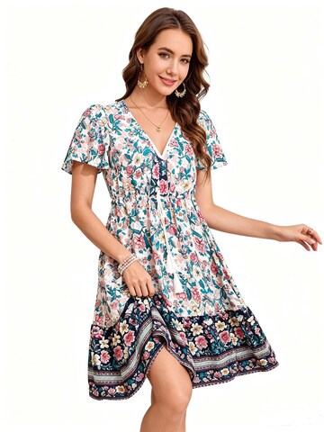 KoJooin Sukienka 'Damen Sommerkleid mit Kurzarm, platziertem Blumenprint und lässigem Boho-Look' w kolorze biały
