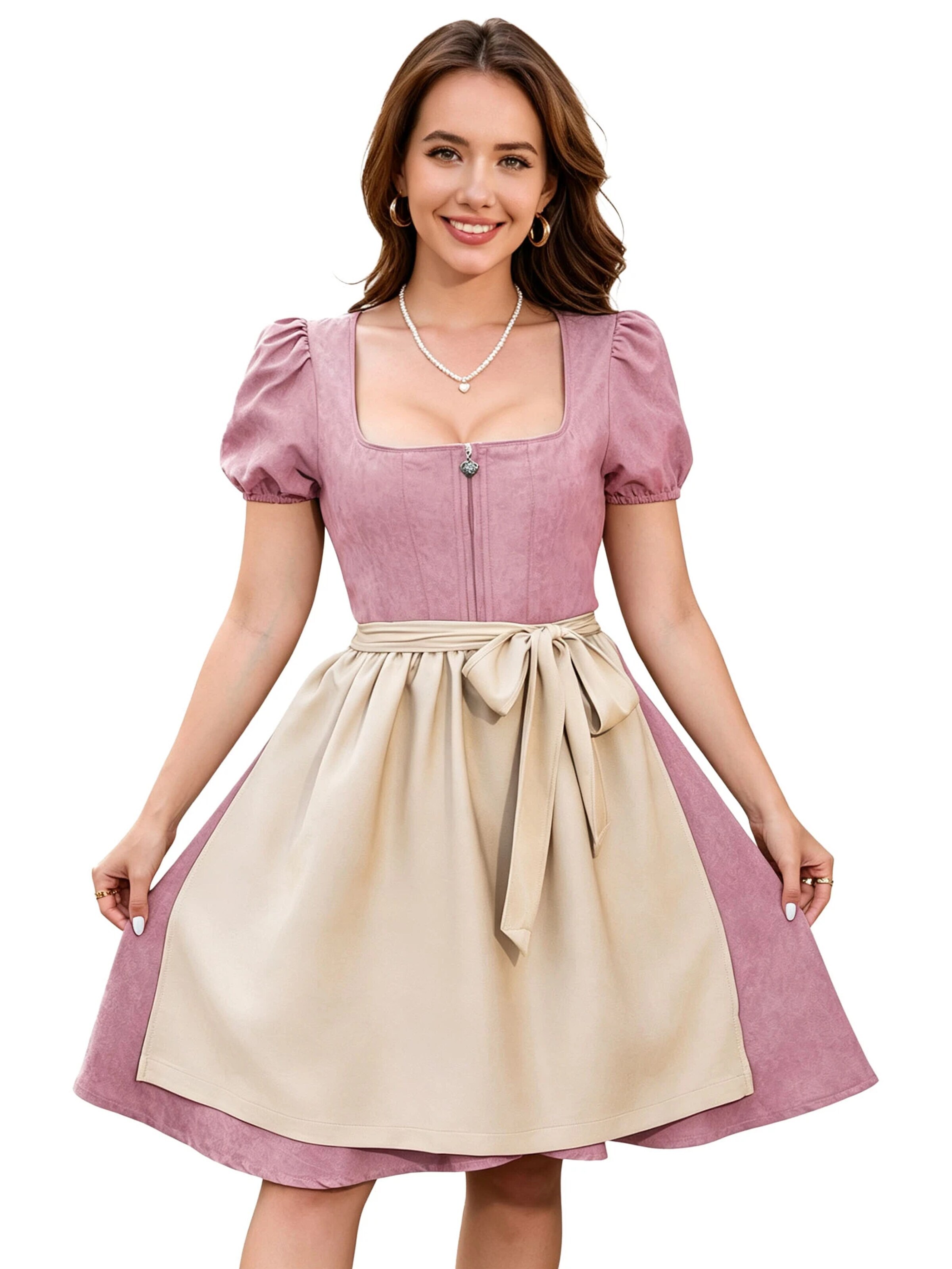 KoJooin Dirndl 'Damen Zweiteiliges Oktoberfest-Set Kunstleder-Optik Kleid mit verstellbarer Schürze Dirndl-Kleid'‌‌‌‌‌ in Pink: Vorderseite