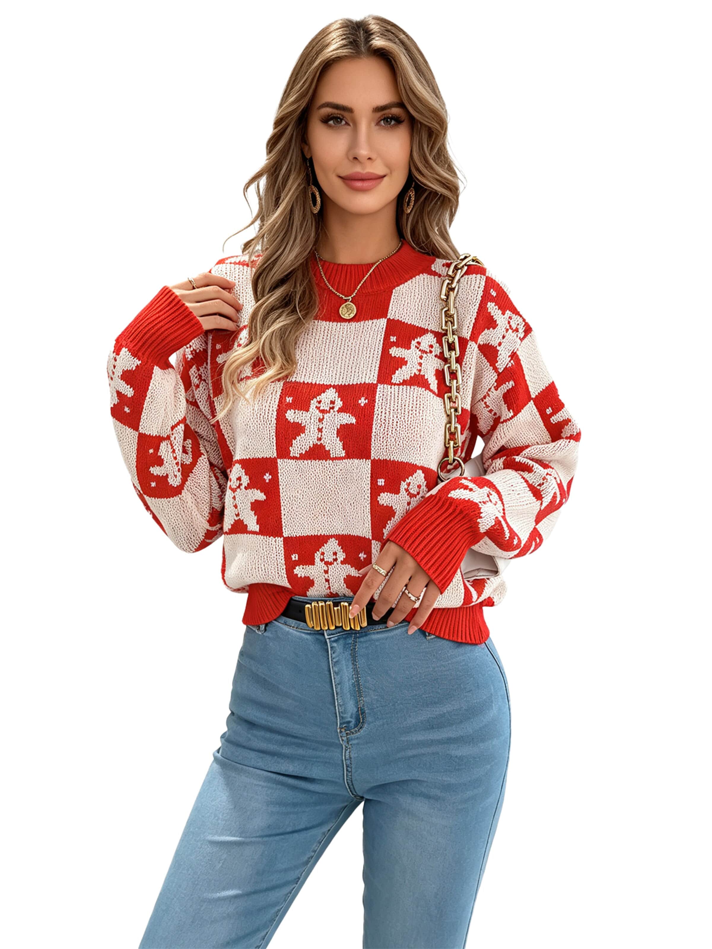 KoJooin Pullover 'Damen Weihnachtspullover mit Rentier- und Karomuster – Gemütlicher Langarm-Pullover mit Puffärmeln' in Rot