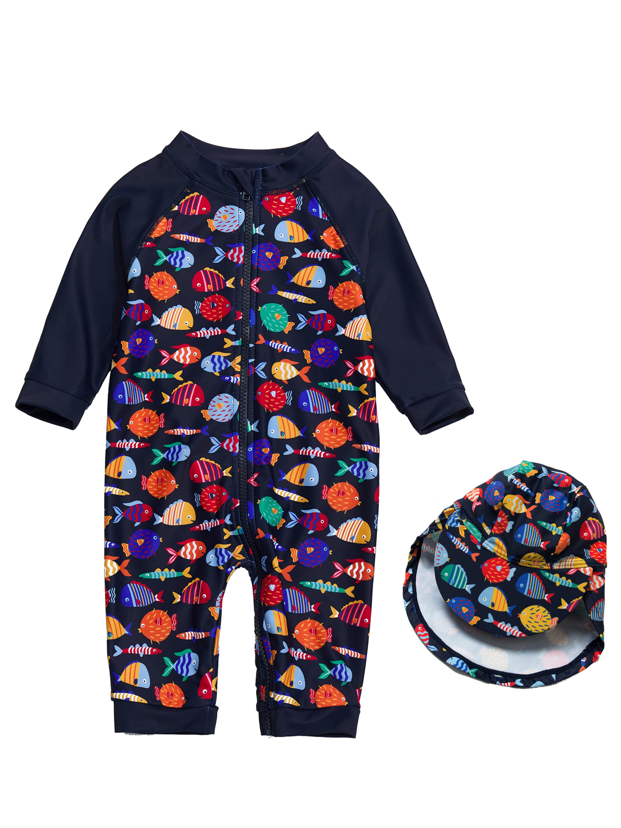 BONVERANO Athletic Swimwear 'Baby Jungen UV Badeanzug 50+ 3/4-Ärmel Full-Zip Schwimmanzug inkl Sonnenhut' in Black: front