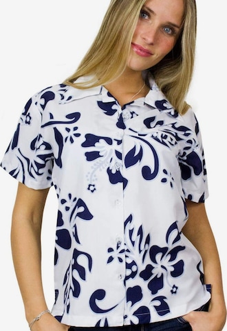 Camicia da donna 'Hibiscus White Line' di King Kameha in blu: frontale