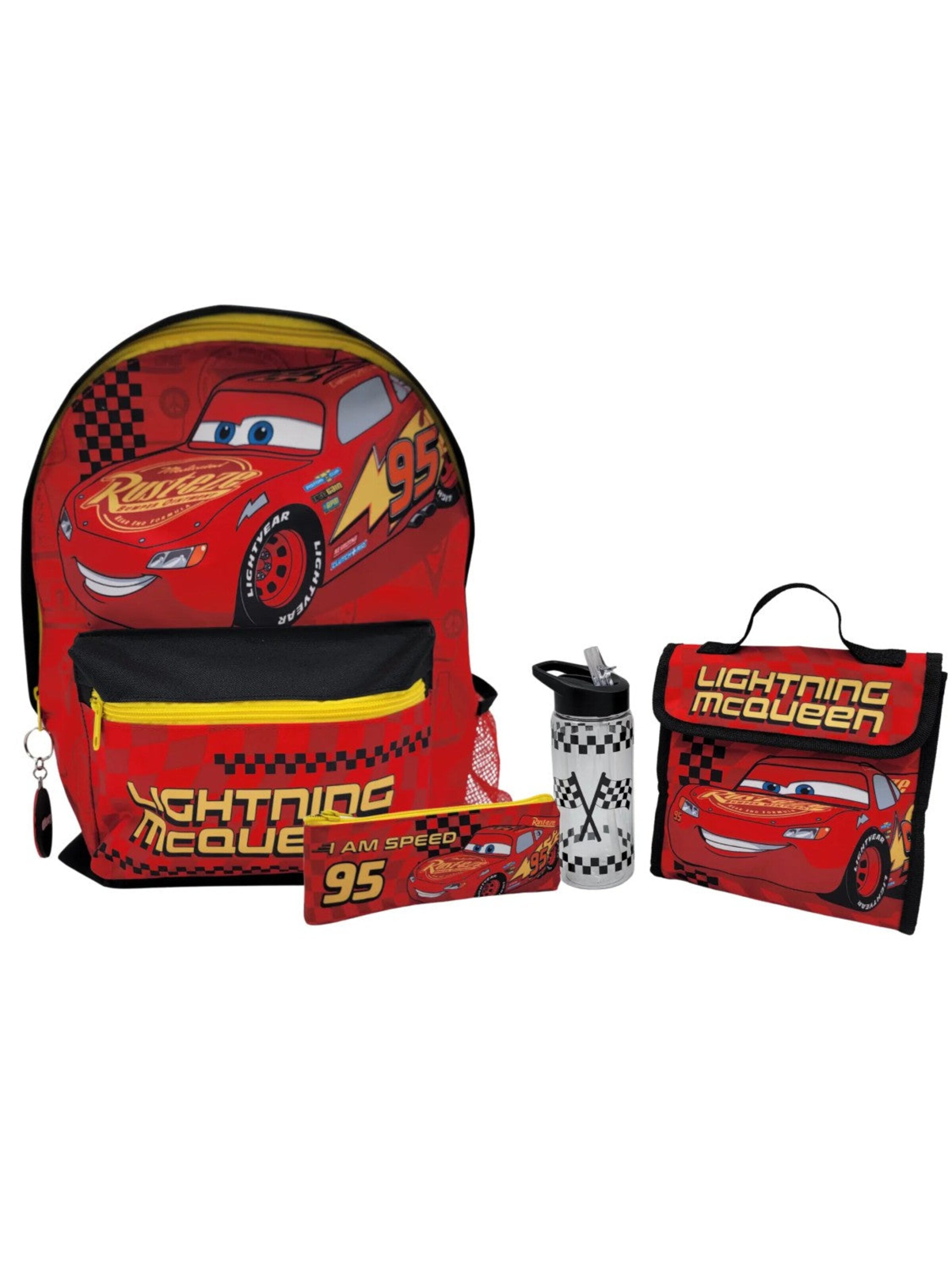 Disney Cars Backpack 'Cars Lightning McQueen Schoolset 5-delig Rugzak, Lunchtas, Drinkfles, Etui & Sleutelhanger Rood' in Brown: front
