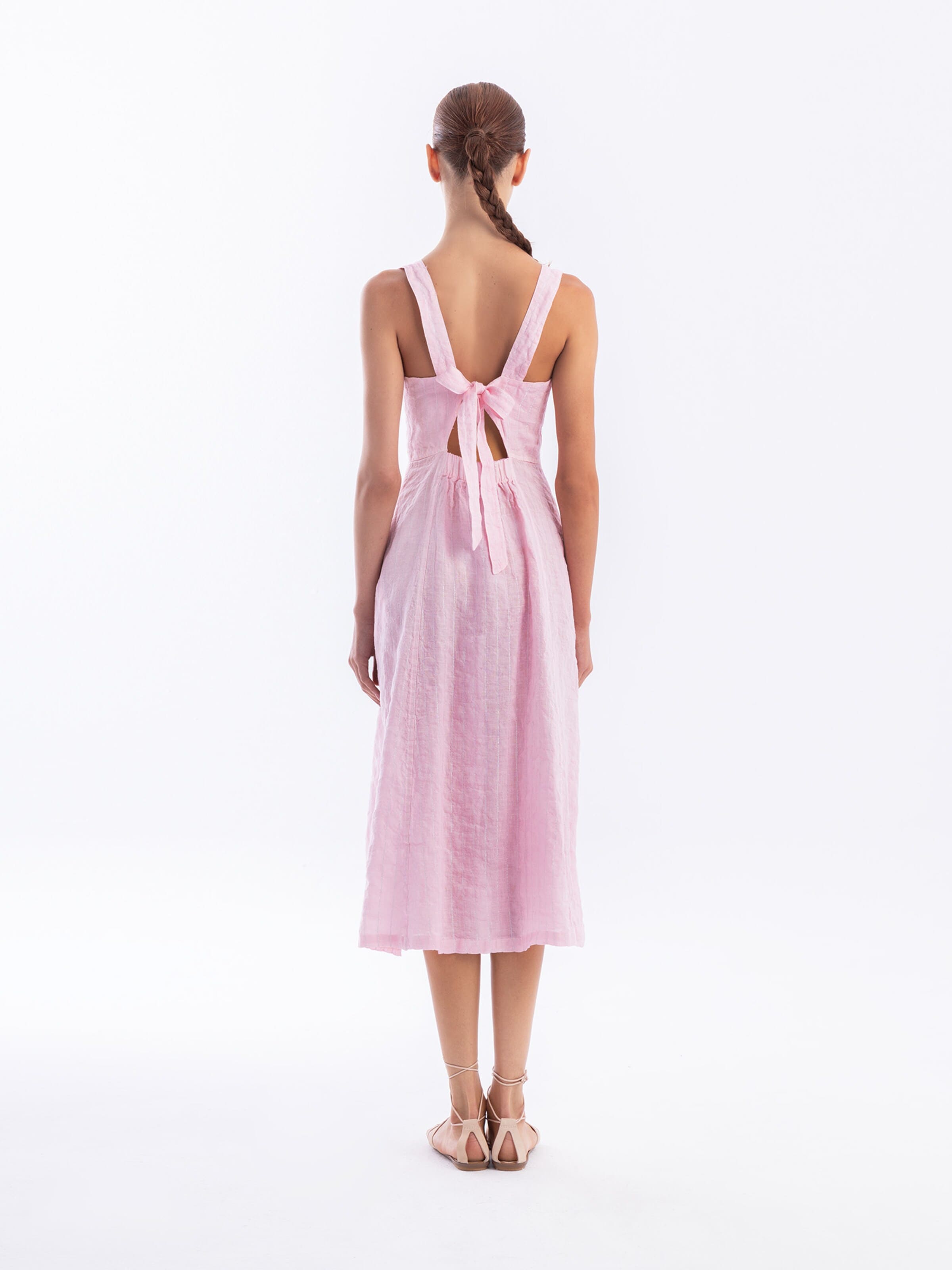 Robe 'Square Neck Striped Linen Tie Back Dress with Front Slit' Haris Cotton en rose