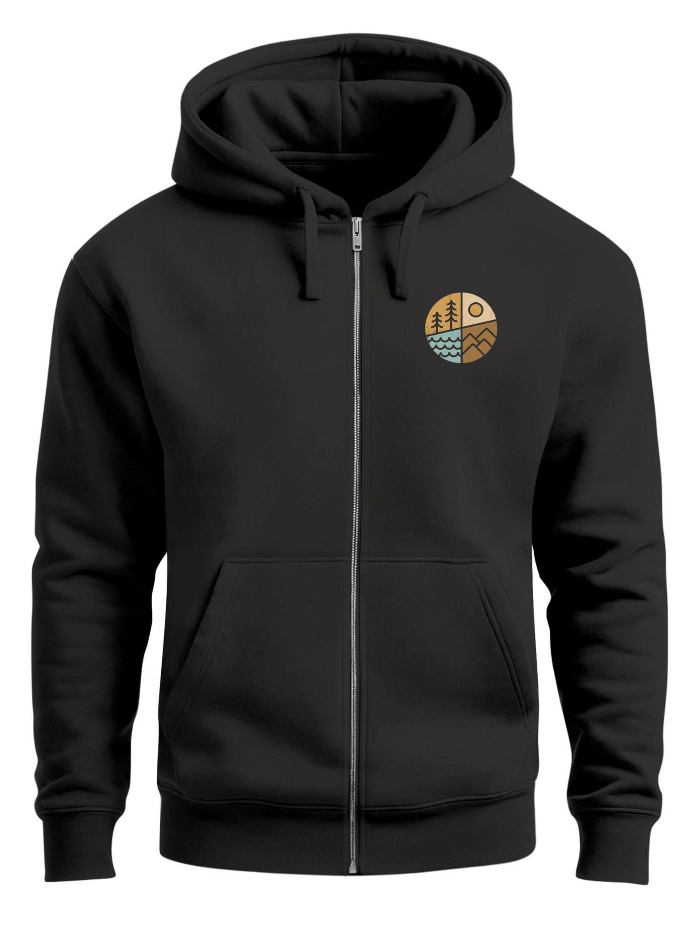 Neverless Zip-Up Hoodie 'Outdoor Badge' in Black: front