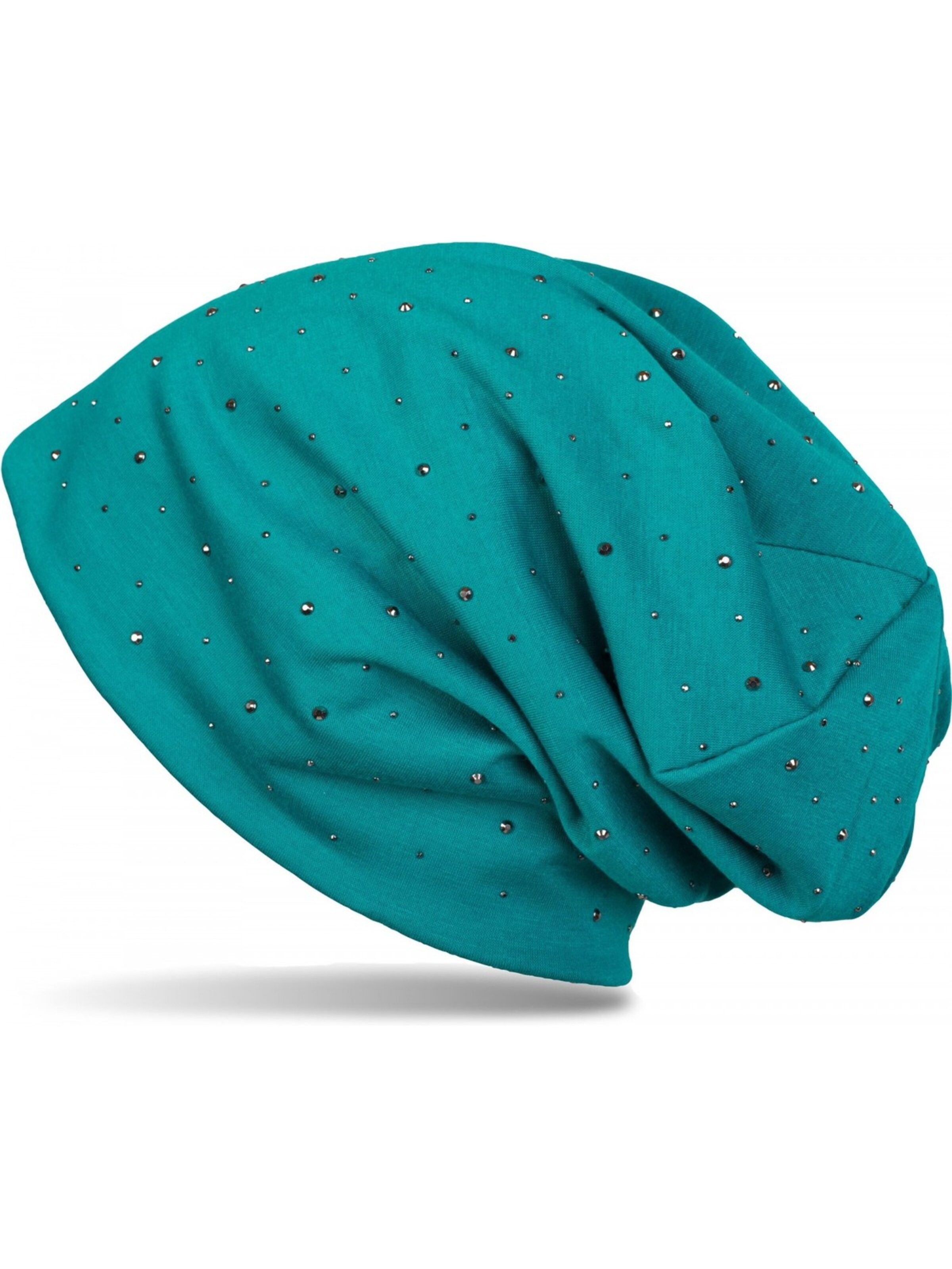 styleBREAKER Mütze 'Beanie mit Strass Nieten Applikation'‌‌‌‌ in Grün: Vorderseite