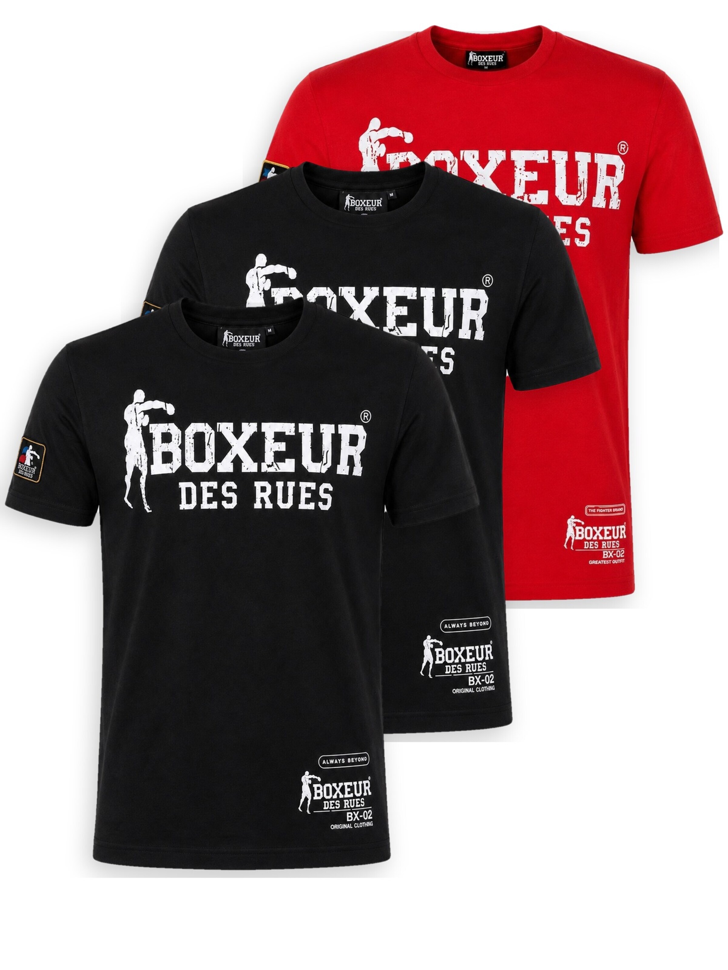 Boxeur des Rues Shirt 'Herren T-Shirt 3er-Pack Boxeur des Rues Slim Fit: 2 x Schwarz, Weißes Logo + Rot, Weißes Logo'‌‌‌‌‌‌‌‌‌ in XS/Regular in mischfarben, Produktansicht