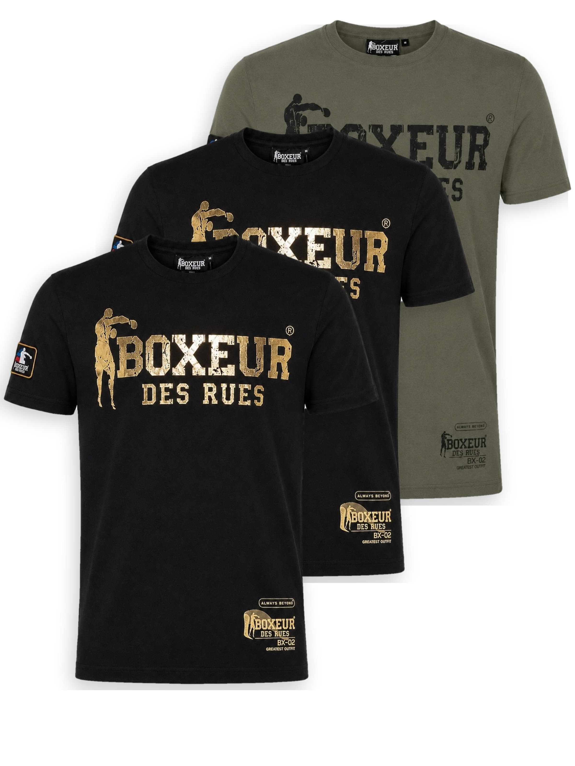 Boxeur des Rues Shirt 'Herren T-Shirt 3er-Pack Boxeur des Rues Slim Fit: 2 x Schwarz, Goldenes Logo + Oliv, Schwarzes Logo'‌‌‌‌‌‌‌‌‌‌ in Mischfarben: Vorderseite
