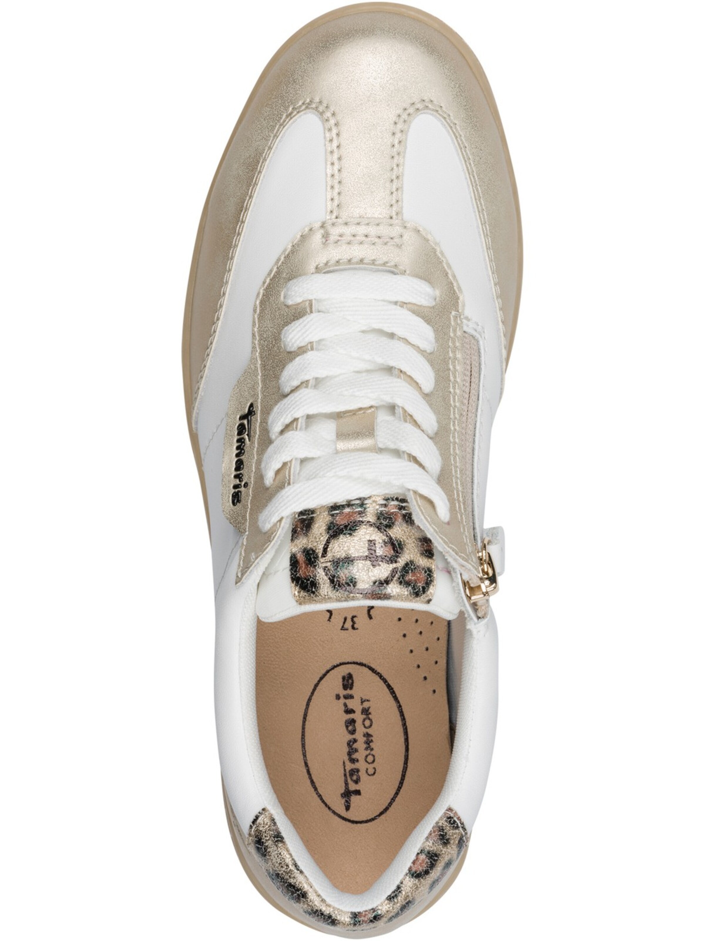 Baskets basses 'Tamaris Comfort Sneaker - Weiß/Gold Leder/Synthetik' Tamaris Wide Fit en blanc