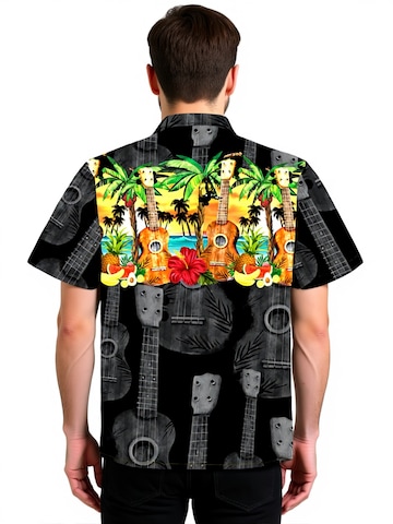 Hawaiihemdshop.de Regularny krój Koszula 'Hawaiihemd Hawaiian Ukulele' w kolorze czarny