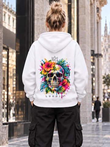 LUNØIR Studio Mikina 'Tropical Riot – Bloom Skull' – bílá