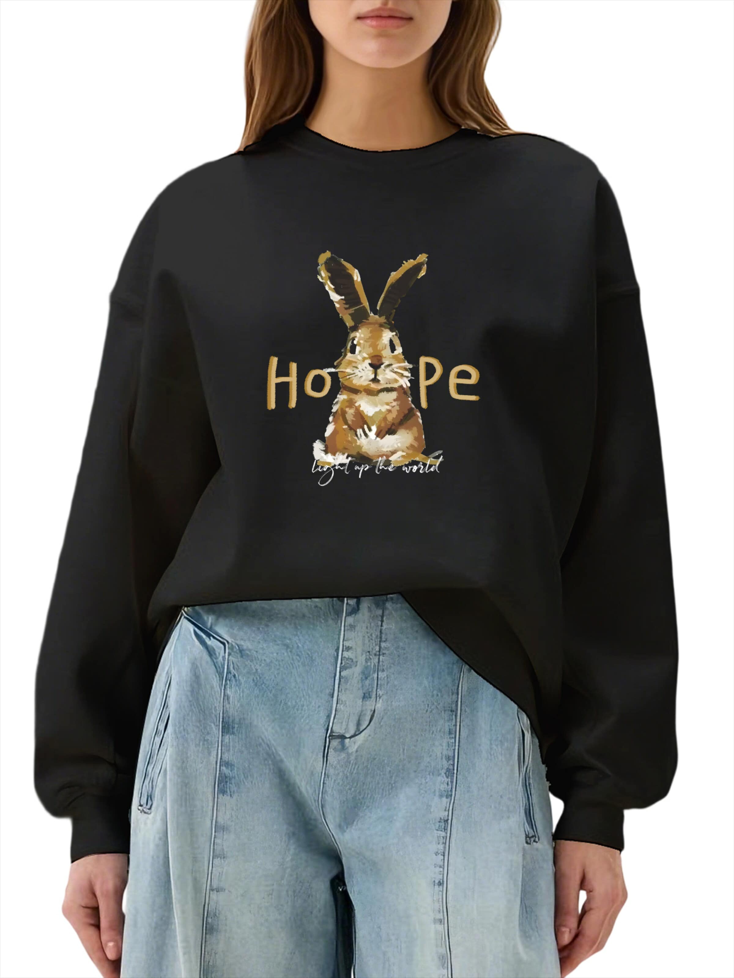 GORHEY Sweatshirt 'Women's Crew Neck Sweatshirt with Rabbit Print, Loose Long Sleeve Fleece Pullover'‌‌‌‌‌‌‌‌ in Schwarz: Vorderseite
