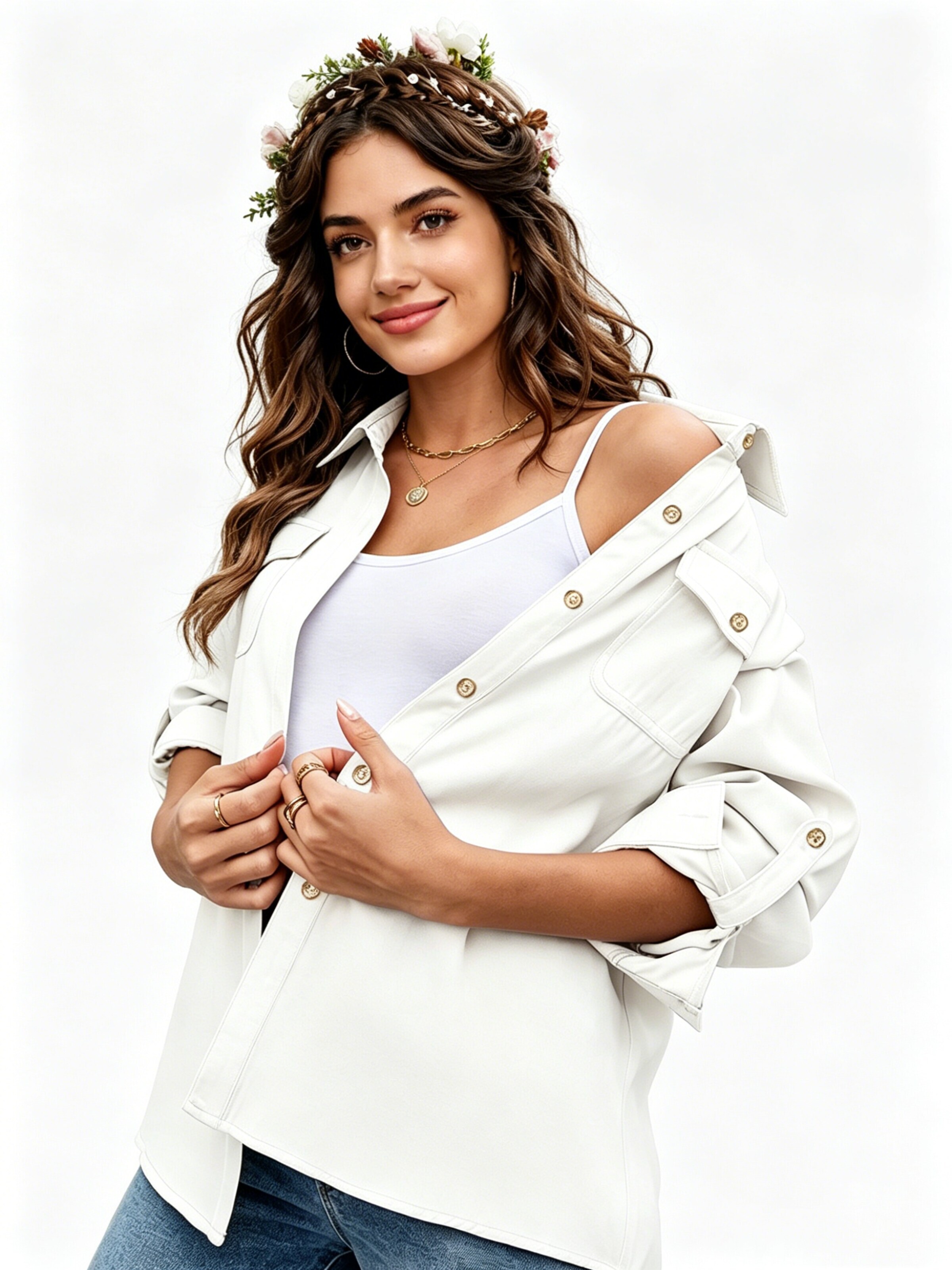 KoJooin Halenka 'Damenbluse mit Knopfleiste, langärmelig, lässig, Oversize-Schnitt, mit Taschen, leichtes Oberteil' – bílá
