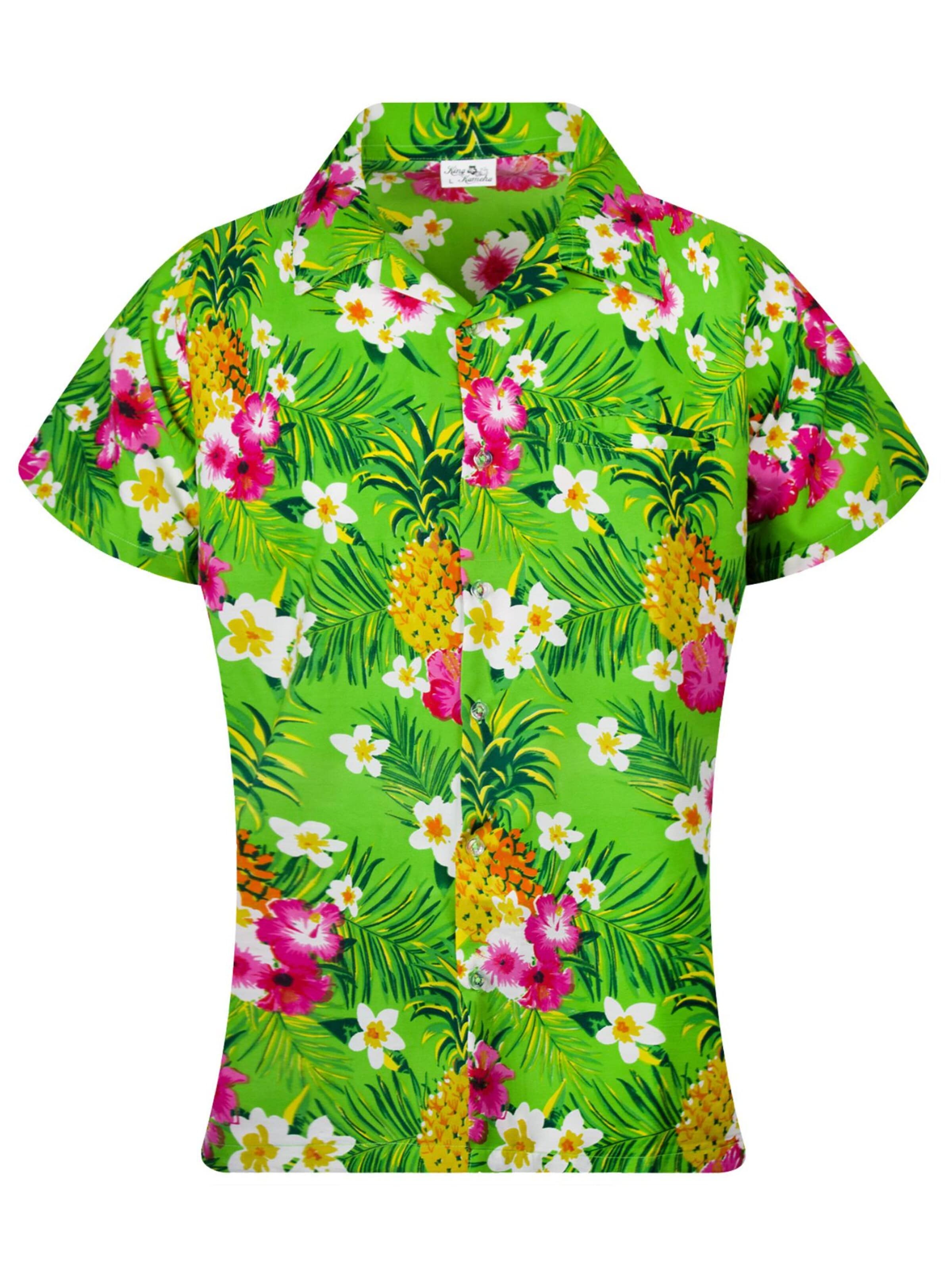 King Kameha Blouse 'Pineapple Flowers' in Green: front