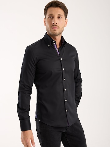 7Camicie Slim fit Zakelijk overhemd 'Roma Iconic Satin Man Shirt Black' in Zwart