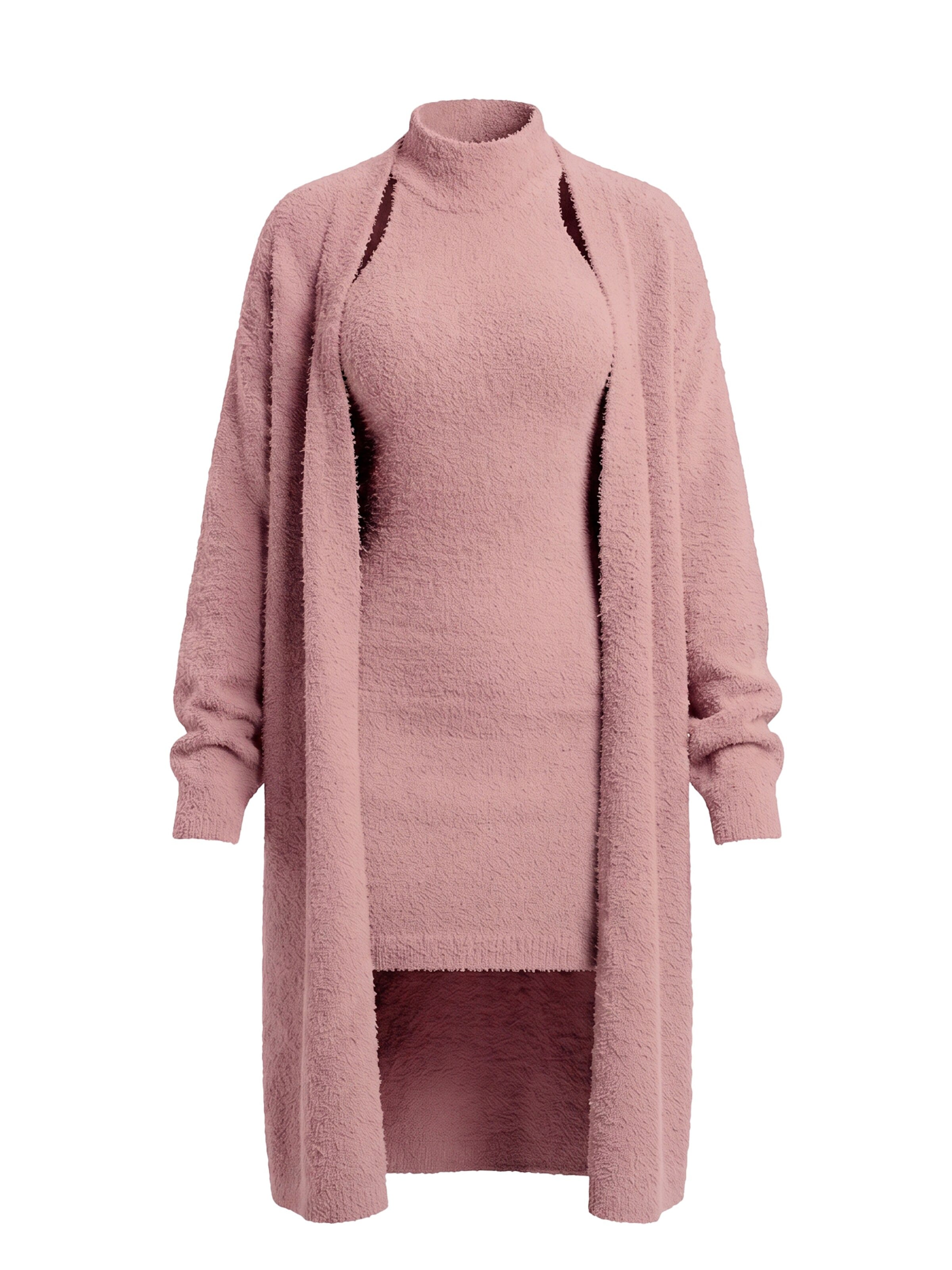 zytzrzy Loungewear 'Fuzzy Maternity 2‑Piece Set, Cutout Neck Dress & Knit Cardigan' in Pink: front