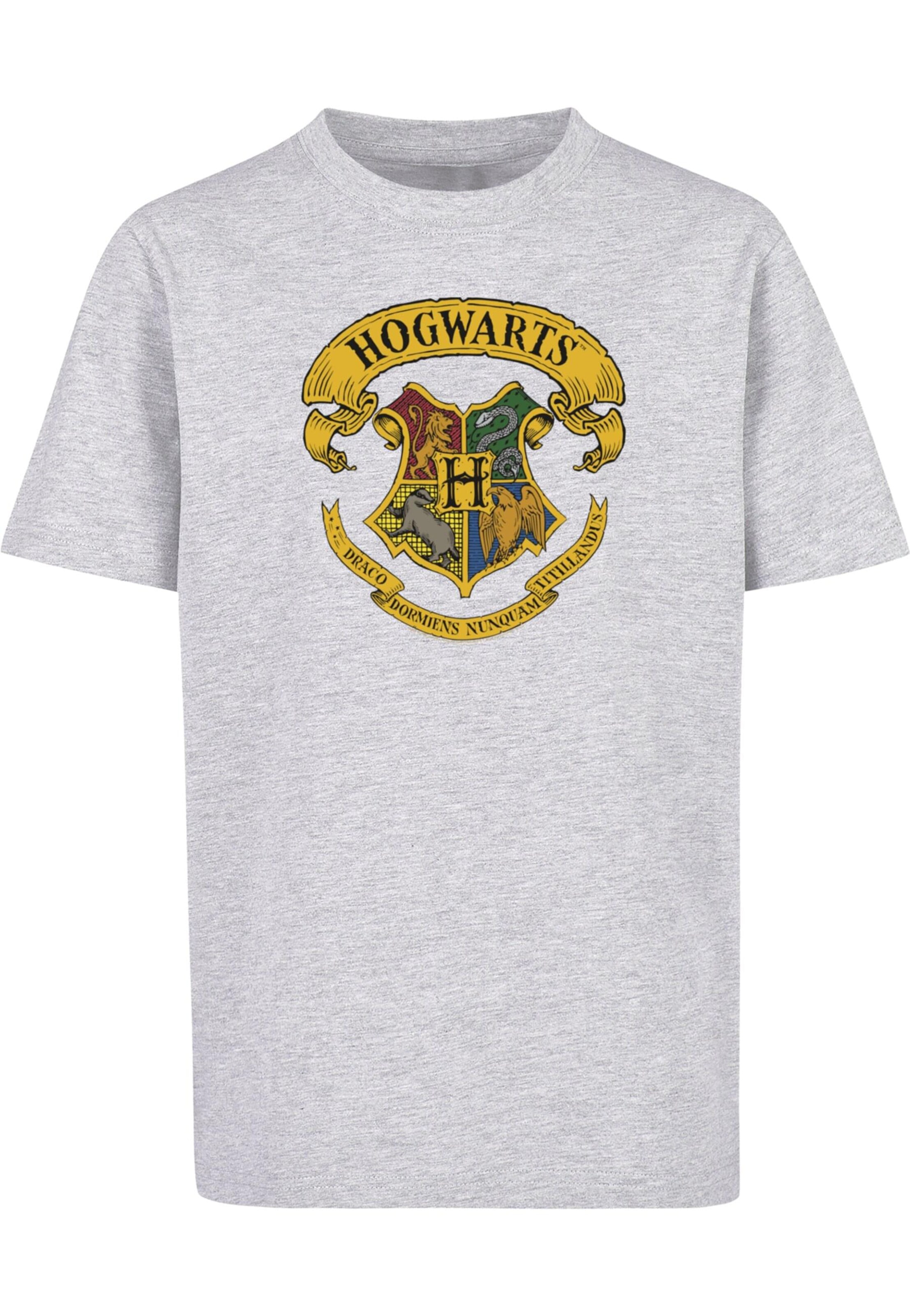 ABSOLUTE CULT Shirt 'Harry Potter - Hogwarts Ribbon Crest' in Grijs: voorkant