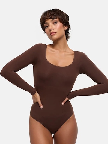 cfab - Body moldeador 'Clean Longsleeve Squareneck Sculpting Bodysuit with String' en marrón