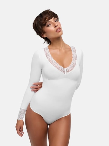 cfab - Body moldeador 'Clean Longsleeve V-Neck with Lace Sculpting Bodysuit with String' en blanco