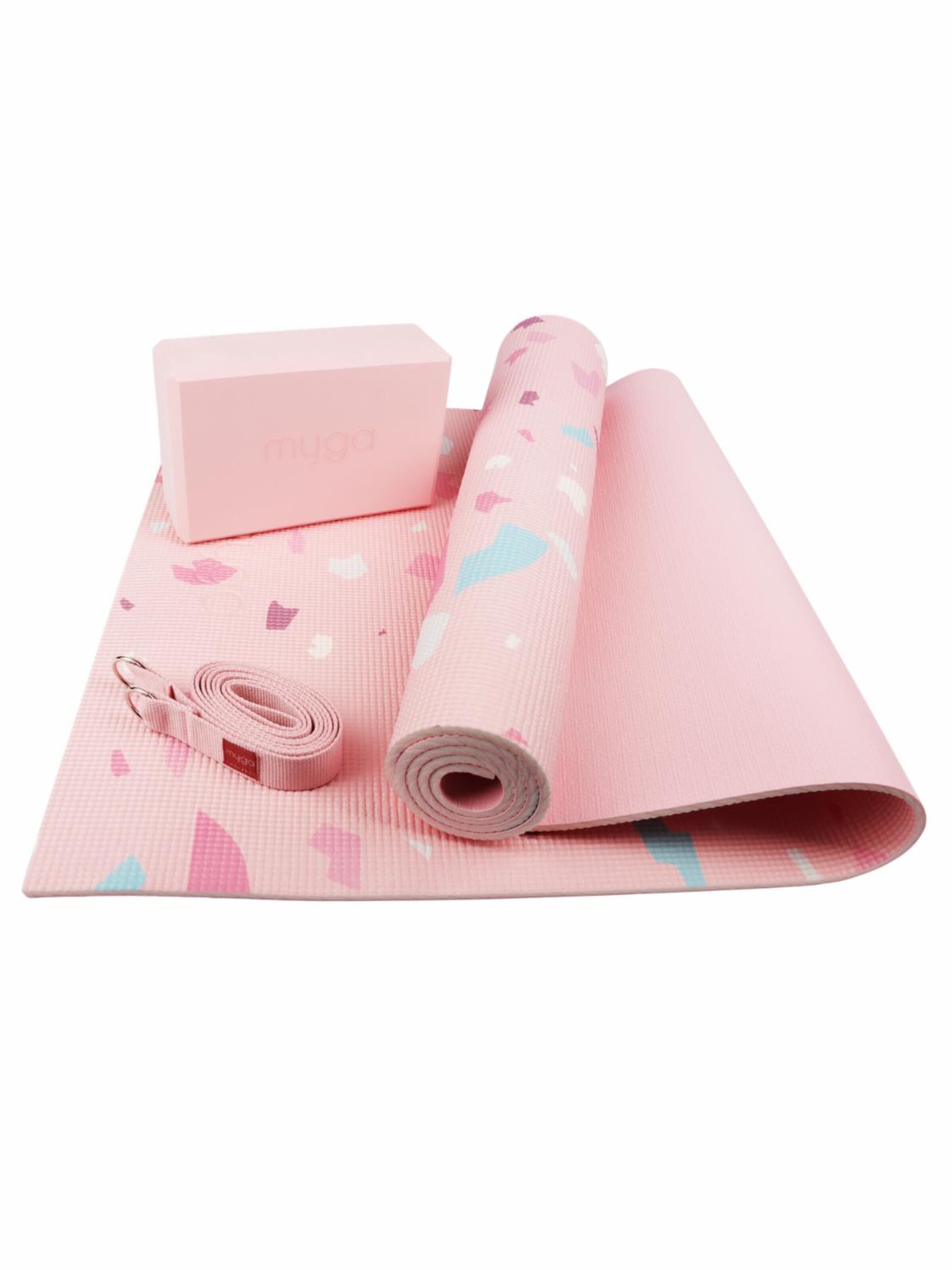 myga Mat 'Yoga-Einsteiger-Set - Terrazzo Design' in Pink: front