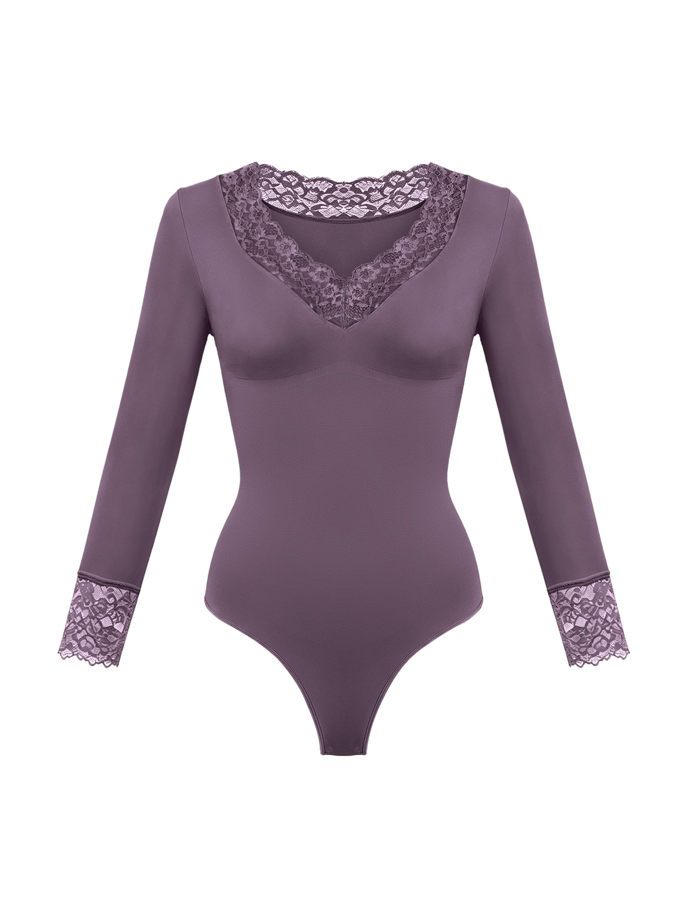 cfab Shapingbody 'Clean Longsleeve V-Neck with Lace Sculpting Bodysuit with String'‌‌‌‌‌‌ in Lila: Vorderseite