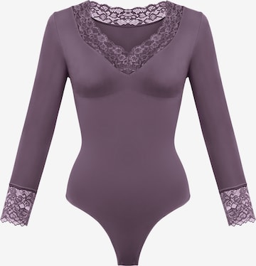 cfab Shapingbody 'Clean Longsleeve V-Neck with Lace Sculpting Bodysuit with String' in Lila: Vorderseite