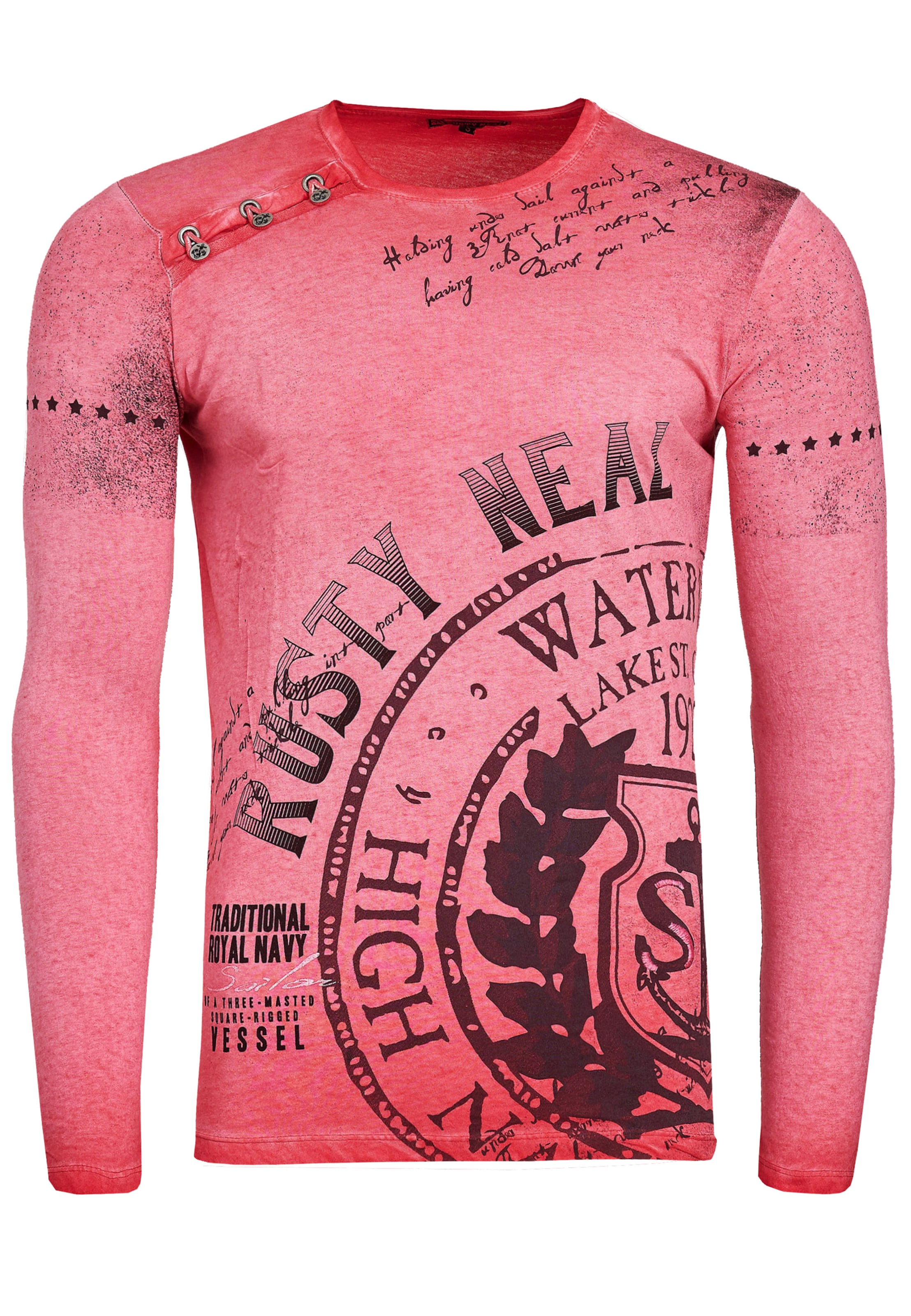 Rusty Neal Longshirt Oil Washed mit Knopfleiste in Rot: Vorderseite