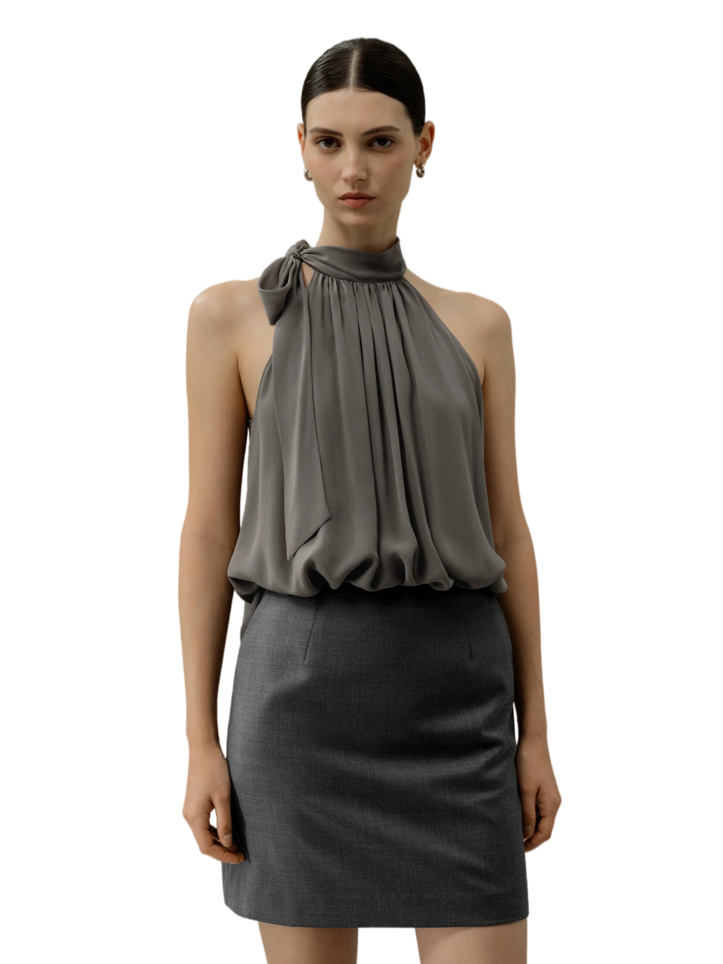 Lilysilk Blouse 'Verstellbare Georgette Bluse mit Schluppenkragen' in Grijs